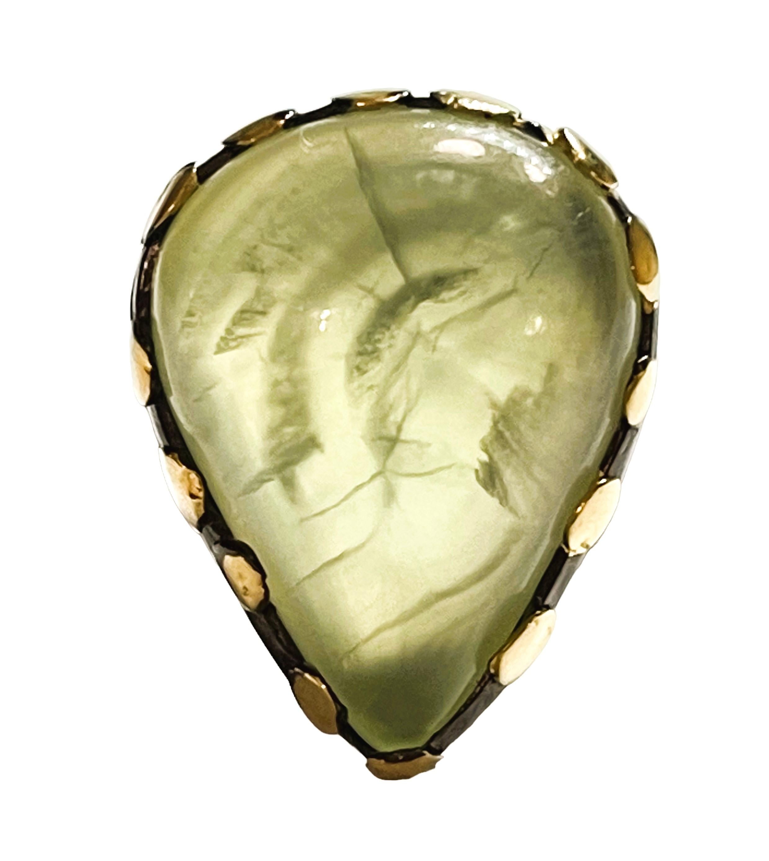 Art Deco New 19 Ct Natural Green Prehnite 14k Yellow Gold and Oxi-black Sterling Ring