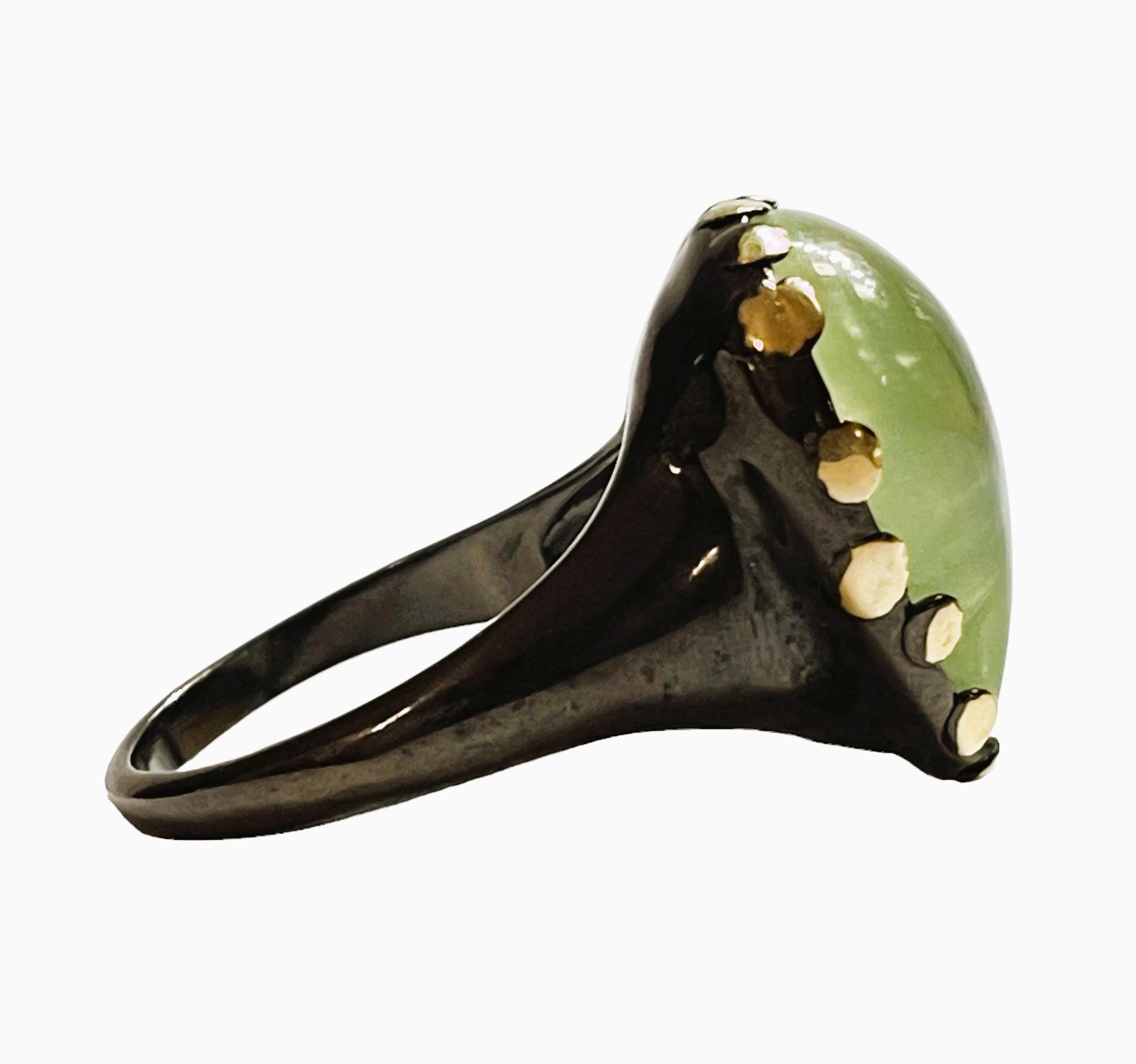 New 19 Ct Natural Green Prehnite 14k Yellow Gold and Oxi-black Sterling Ring 1