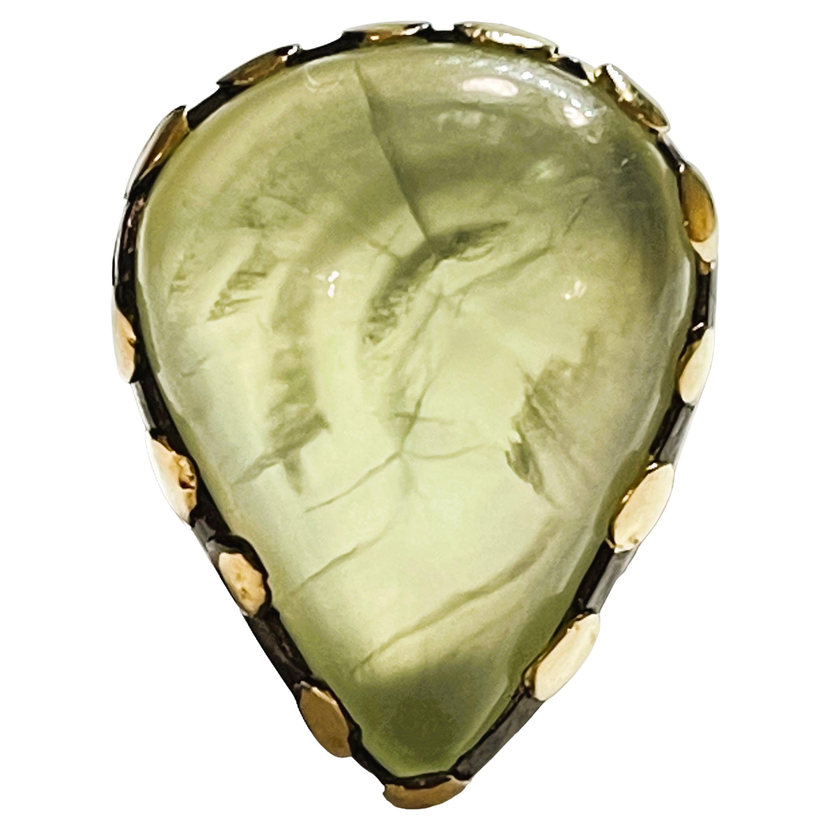New 19 Ct Natural Green Prehnite 14k Yellow Gold and Oxi-black Sterling Ring