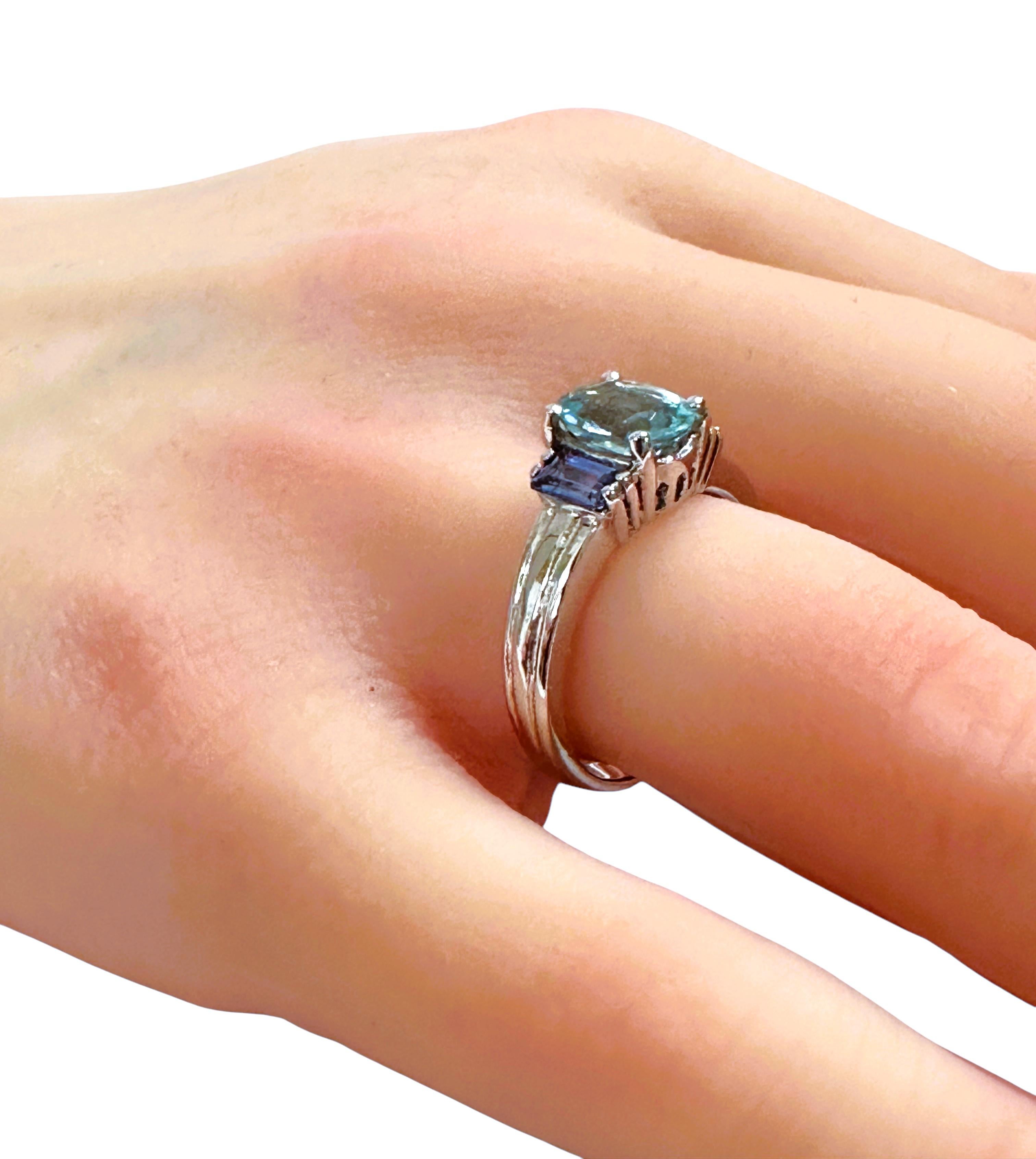 Women's New 1.90 Carat Ice Blue Aquamarine & Baguette Cut Sapphire Sterling Ring