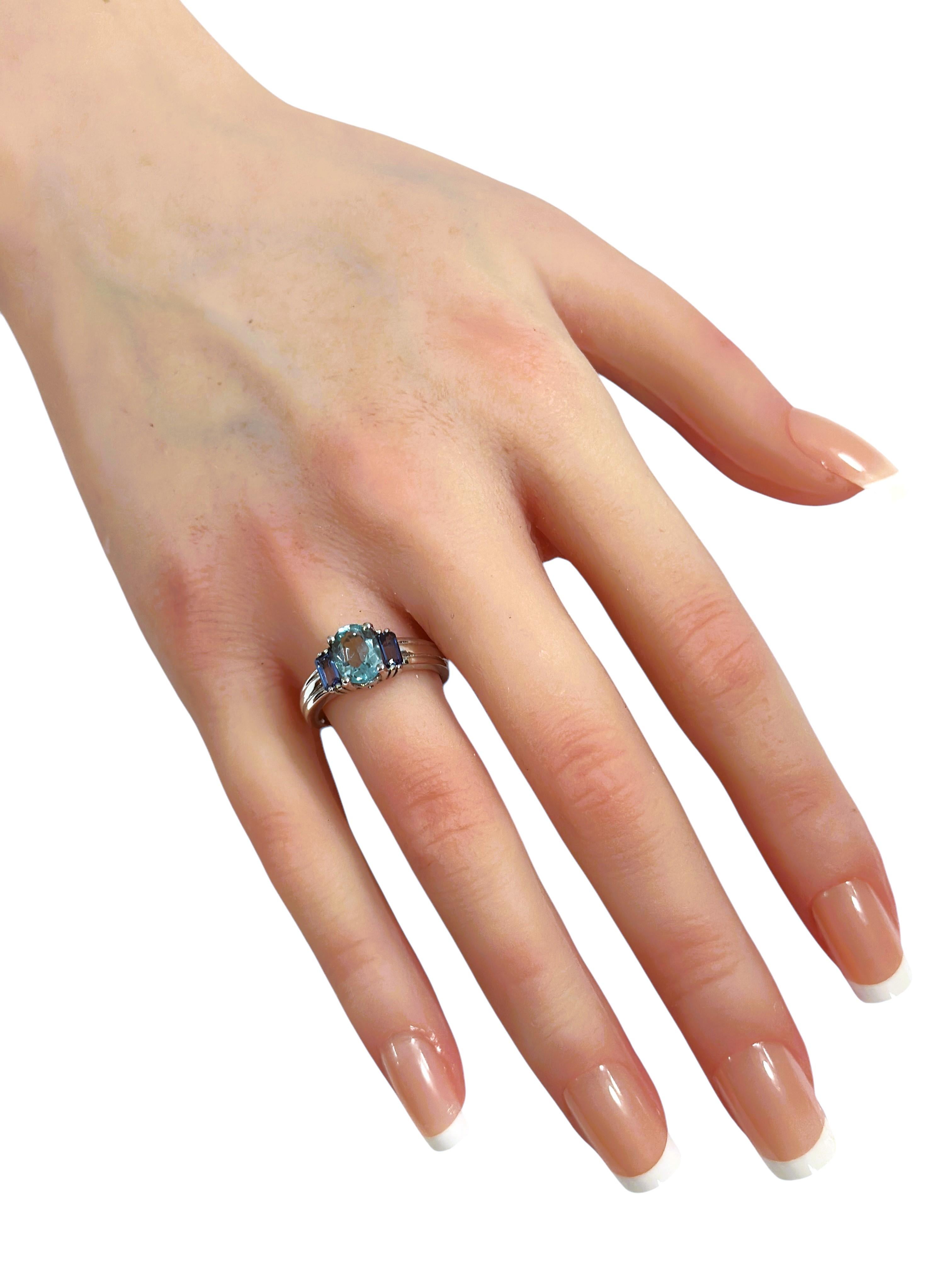 New 1.90 Carat Ice Blue Aquamarine & Baguette Cut Sapphire Sterling Ring 1