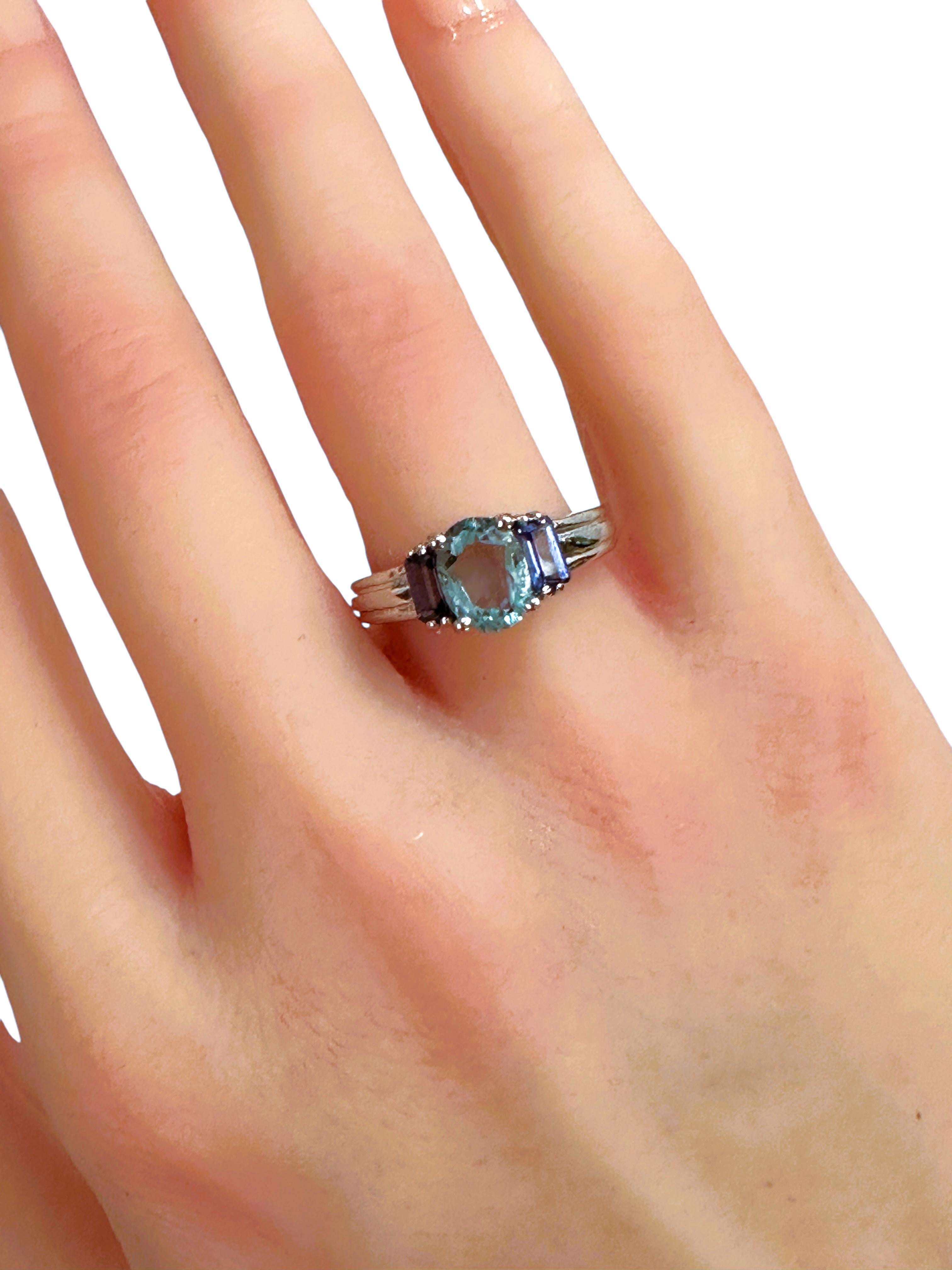 New 1.90 Carat Ice Blue Aquamarine & Baguette Cut Sapphire Sterling Ring 3