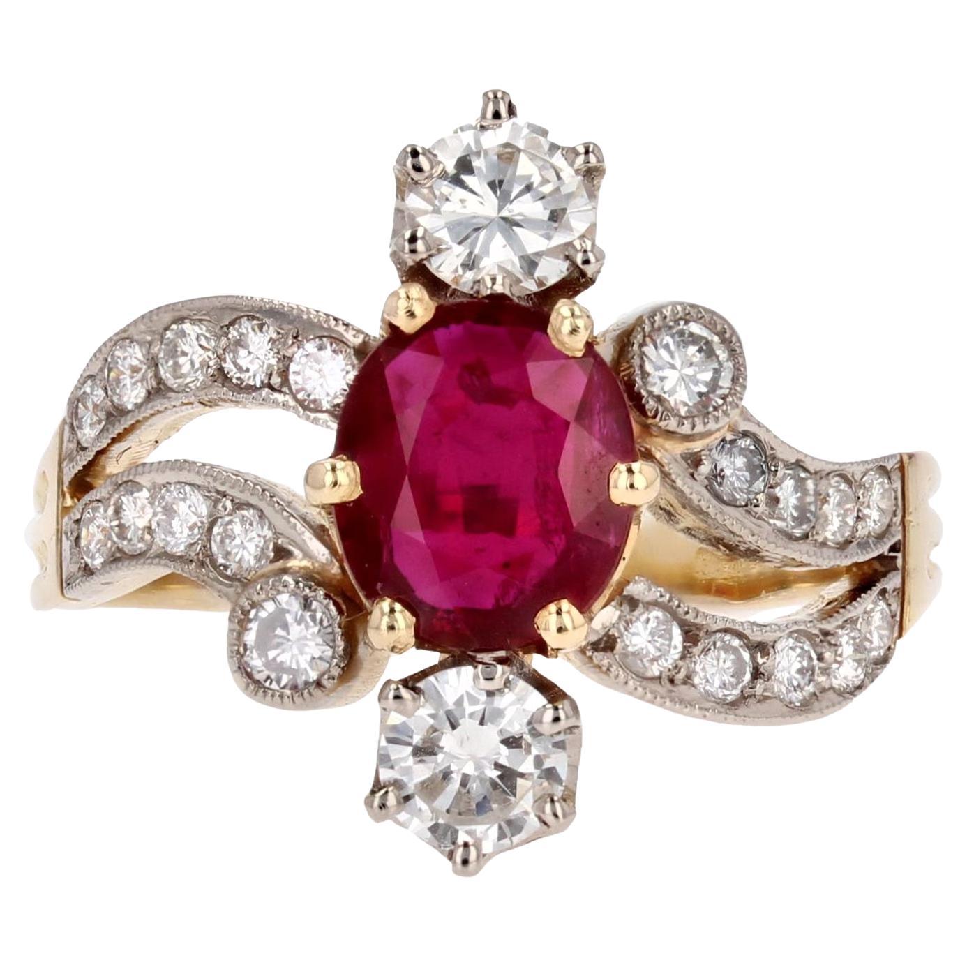 Ring aus 18 Karat Gelbgold und Platin mit Rubin und Diamanten im Stil von 1900