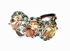 New 1.92 Carat 3-stone Peach Sapphire & Diamond Cut Tsavorite Sterling Ring