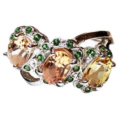 New 1.92 Carat 3-stone Peach Sapphire & Diamond Cut Tsavorite Sterling Ring