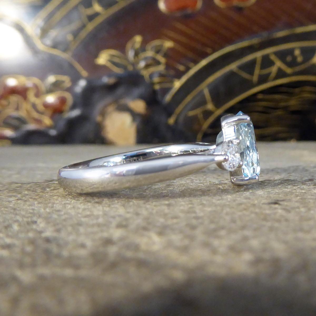 Modern New 1.93 Carat Oval Cut Aquamarine and Diamond Three Stone Ring in Platinum For Sale