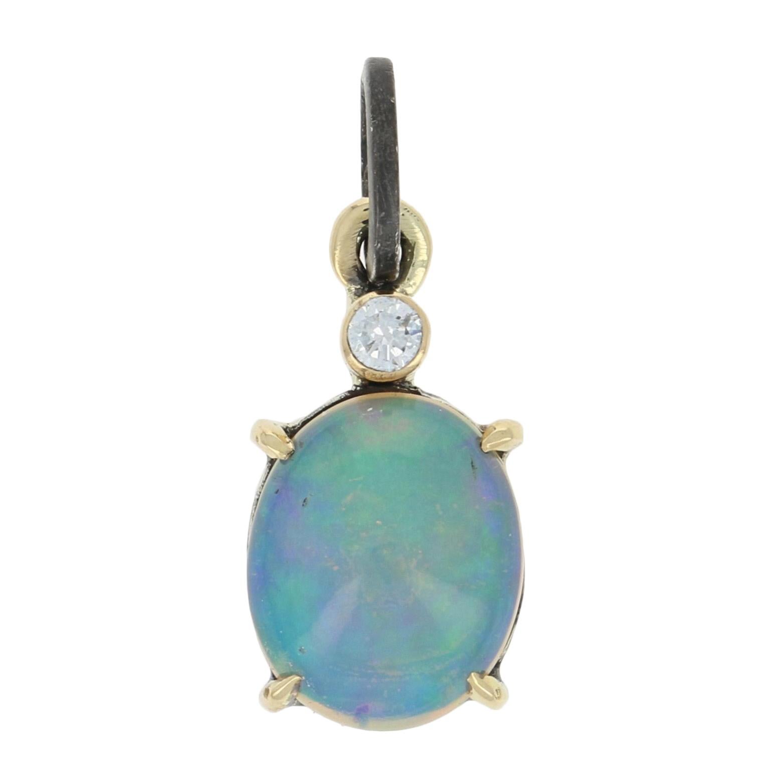 1.93 Carat Oval Cabochon Welo Opal and Diamond Pendant, 18k Gold Sterling Custom In New Condition In Greensboro, NC