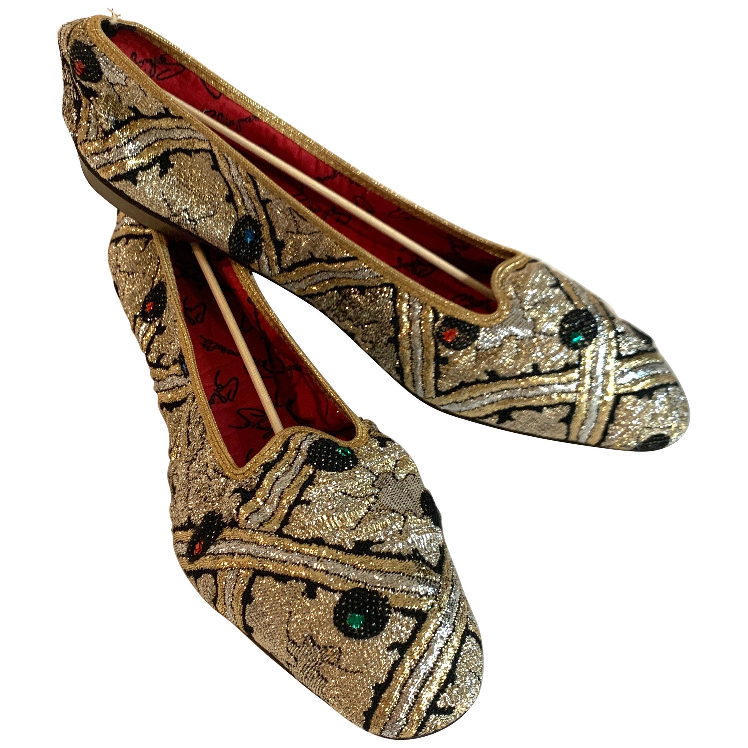 New 1960s Elsa Schiaparelli Folding Flats Slippers Shoes Metallic 