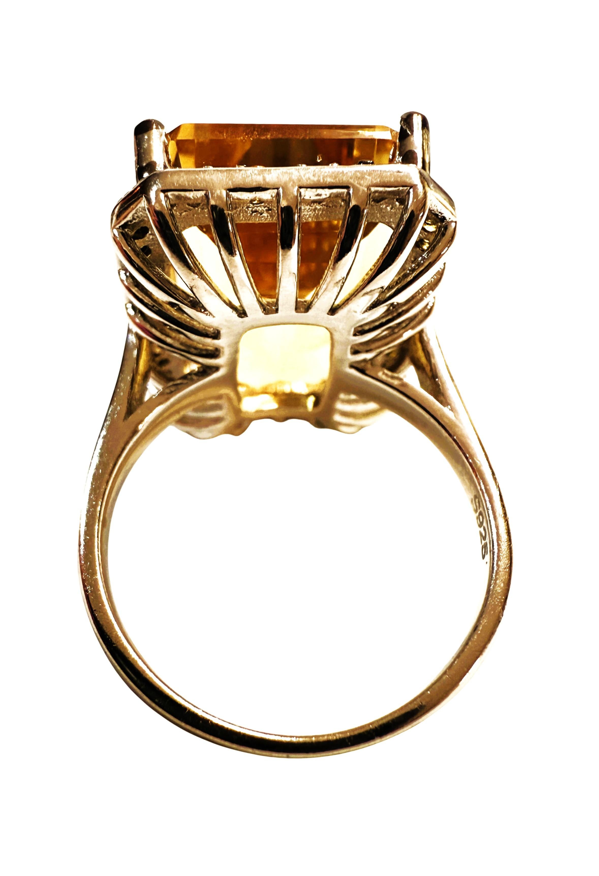 Radiant Cut New 19.7 Carat Bourbon Citrine & Diamond Cut Sapphire 14k Gold PL Sterling Ring For Sale