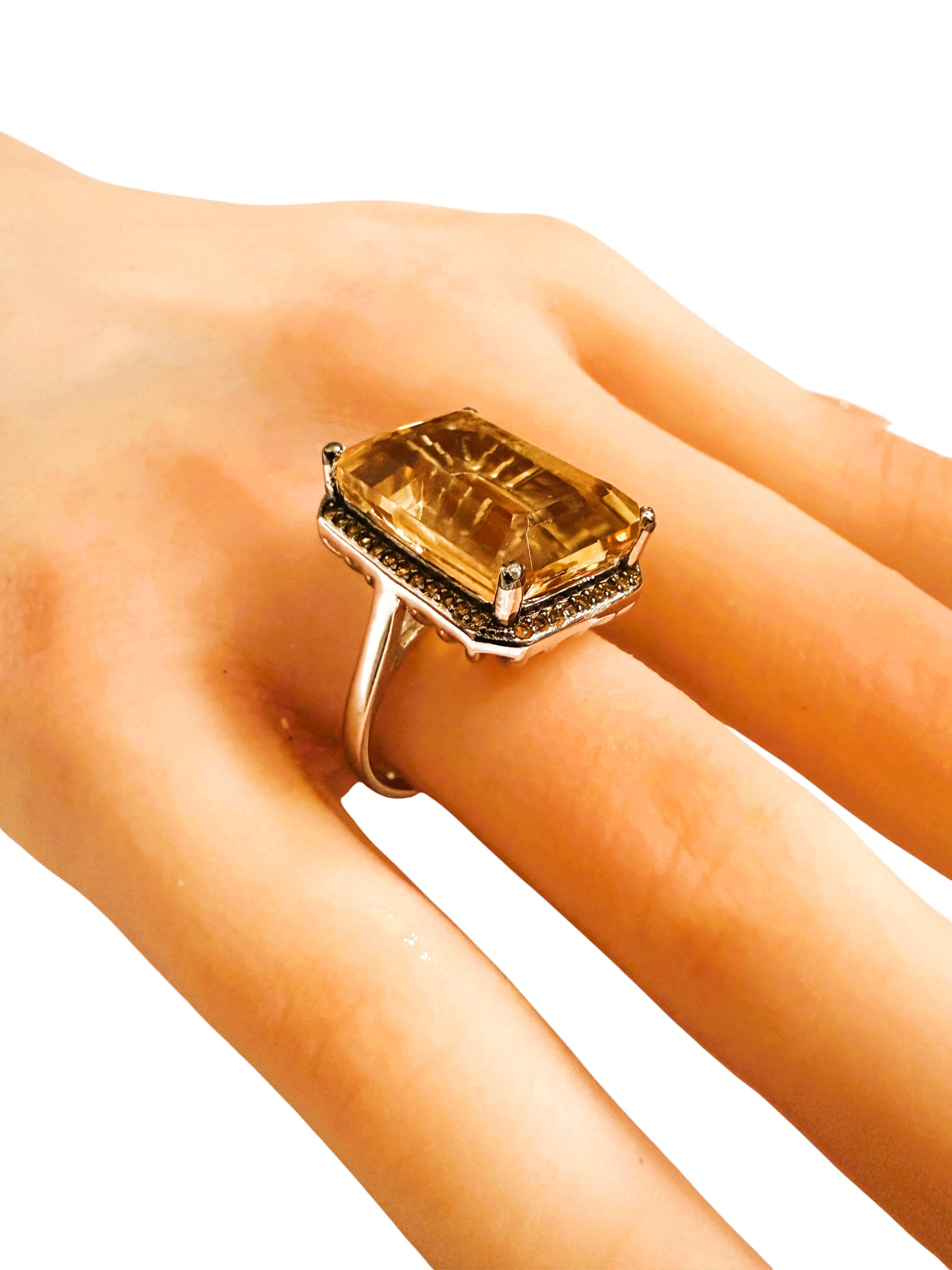 New 19.7 Carat Bourbon Citrine & Diamond Cut Sapphire 14k Gold PL Sterling Ring For Sale 1