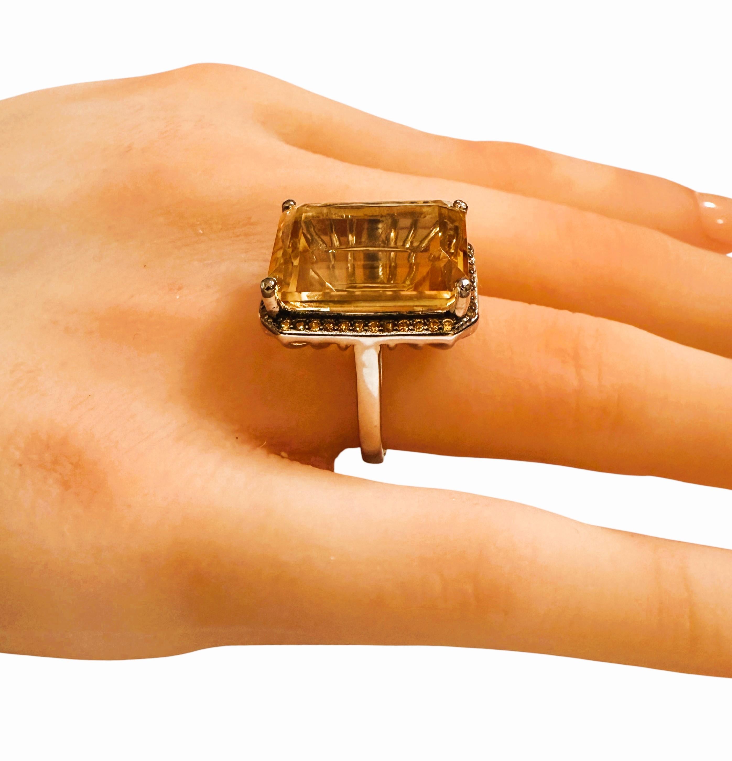 New 19.7 Carat Bourbon Citrine & Diamond Cut Sapphire 14k Gold PL Sterling Ring For Sale 2