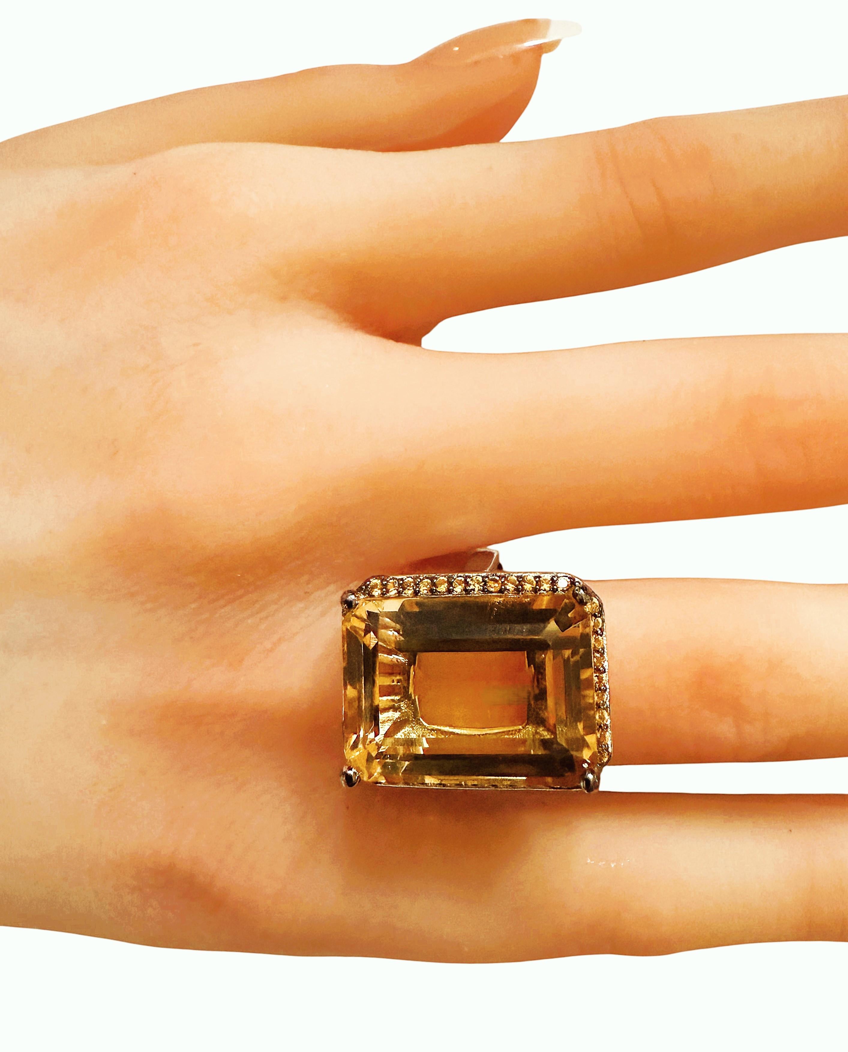 New 19.7 Carat Bourbon Citrine & Diamond Cut Sapphire 14k Gold PL Sterling Ring For Sale 3