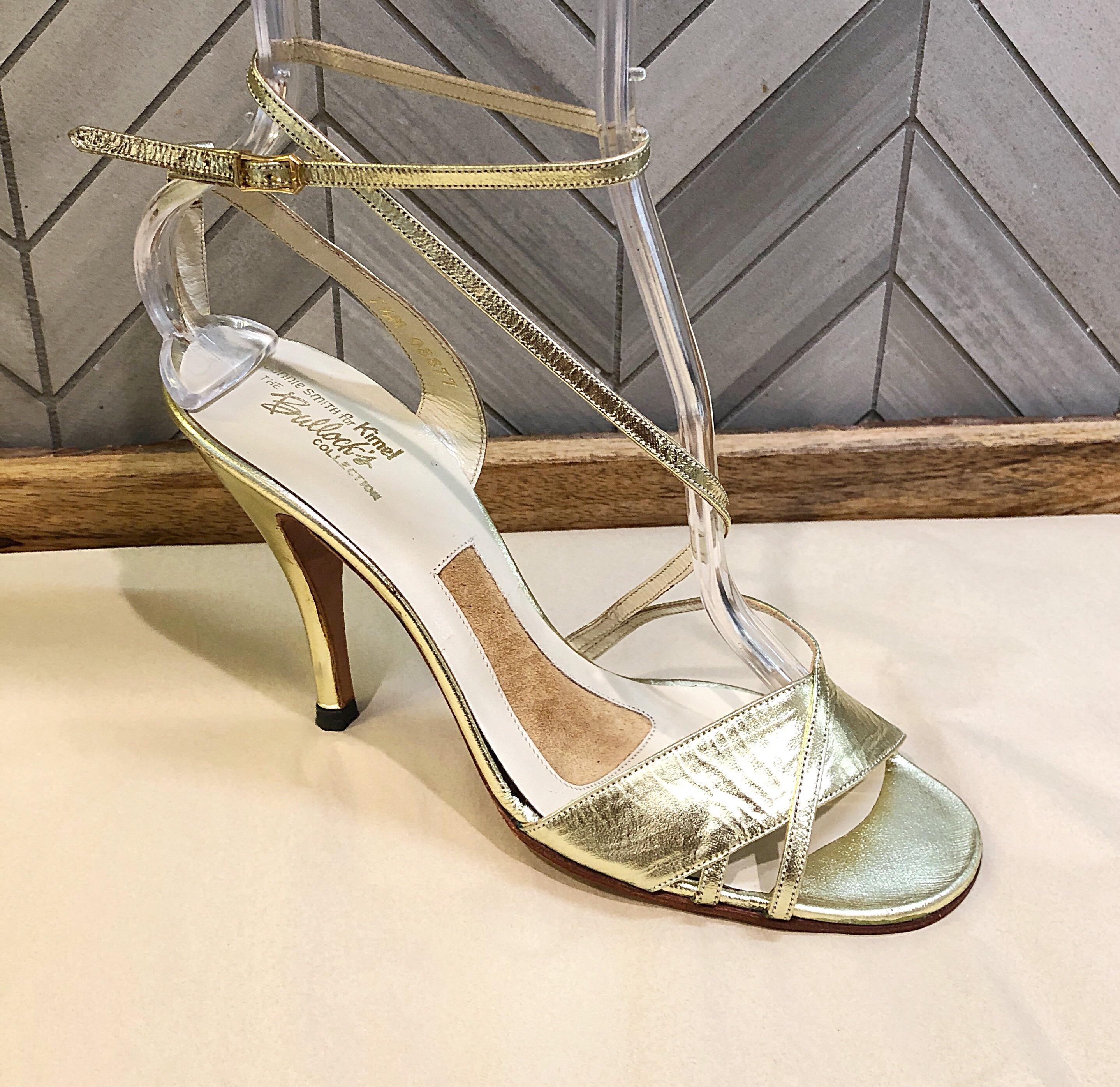 New 1970s Connie Smith Bullocks Wilshire Size 7.5 Gold Metallic Strappy Heels For Sale 4