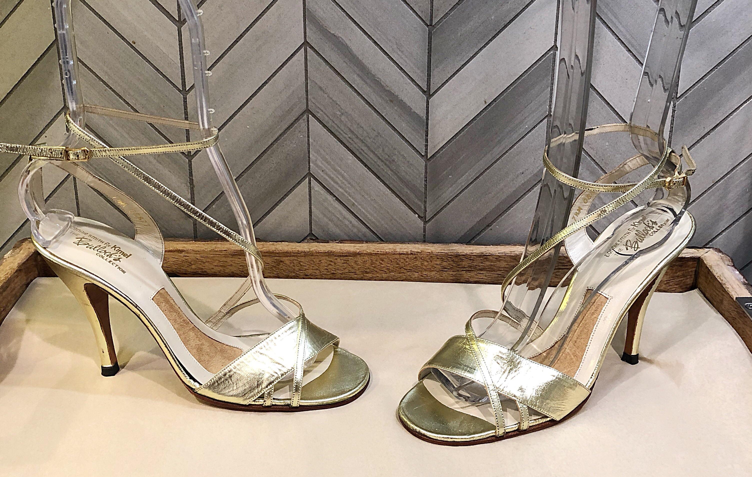 New 1970s Connie Smith Bullocks Wilshire Size 7.5 Gold Metallic Strappy Heels For Sale 6