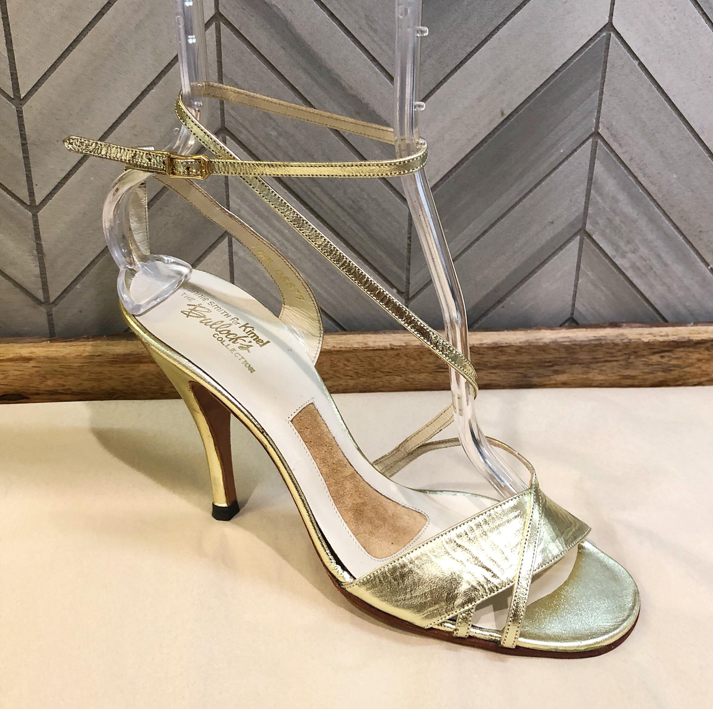 Sexy vintage never worn CONNIE SMITH for KIMMEL at BULLOCK'S WILSHIRE gold metallic Size 7.5 strappy sandals / high heels! Gold metallic leather adds just the right amount of splash to any outfit. Adjustable ankle strap. Great with jeans or a dress.