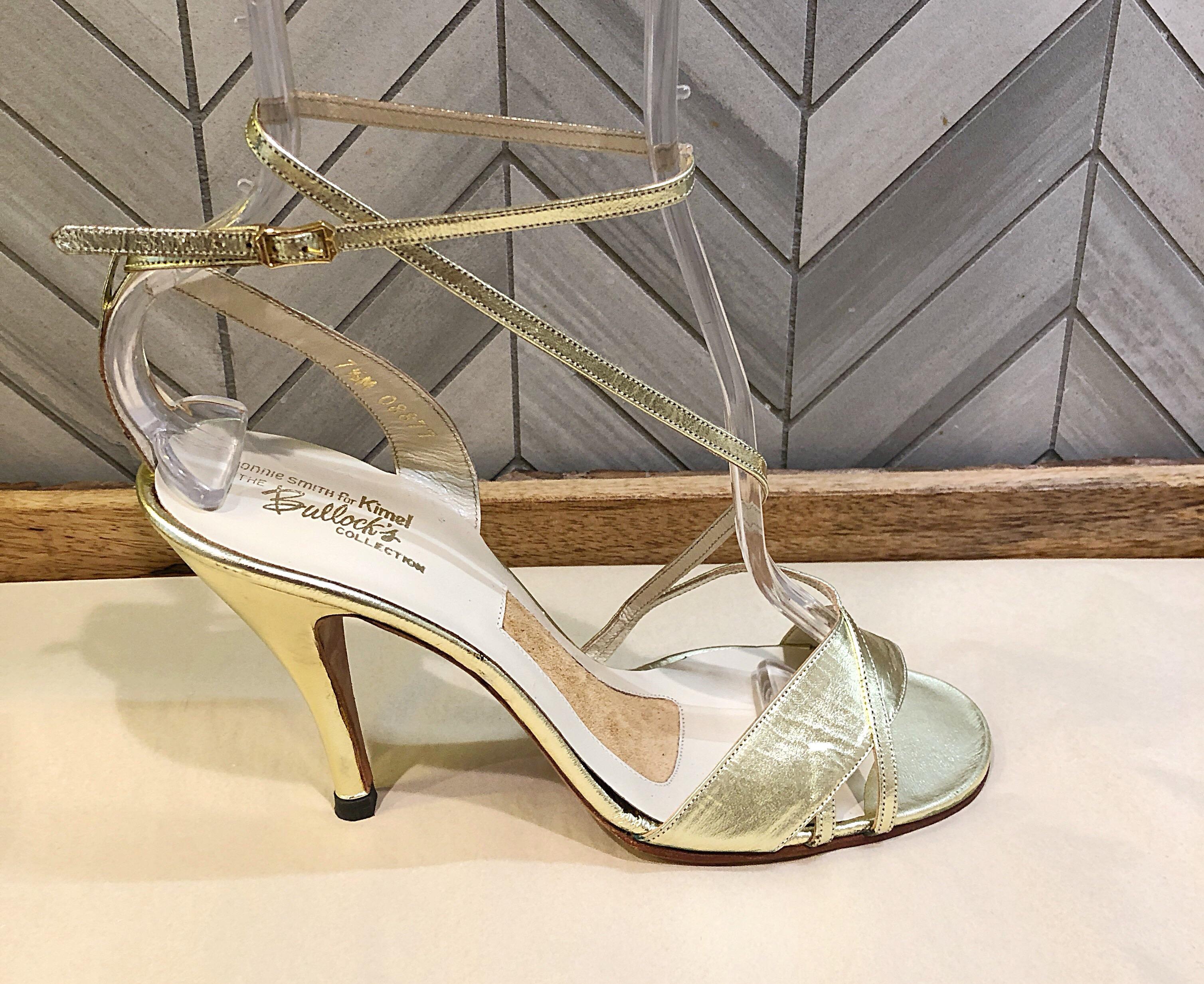 Women's New 1970s Connie Smith Bullocks Wilshire Size 7.5 Gold Metallic Strappy Heels For Sale