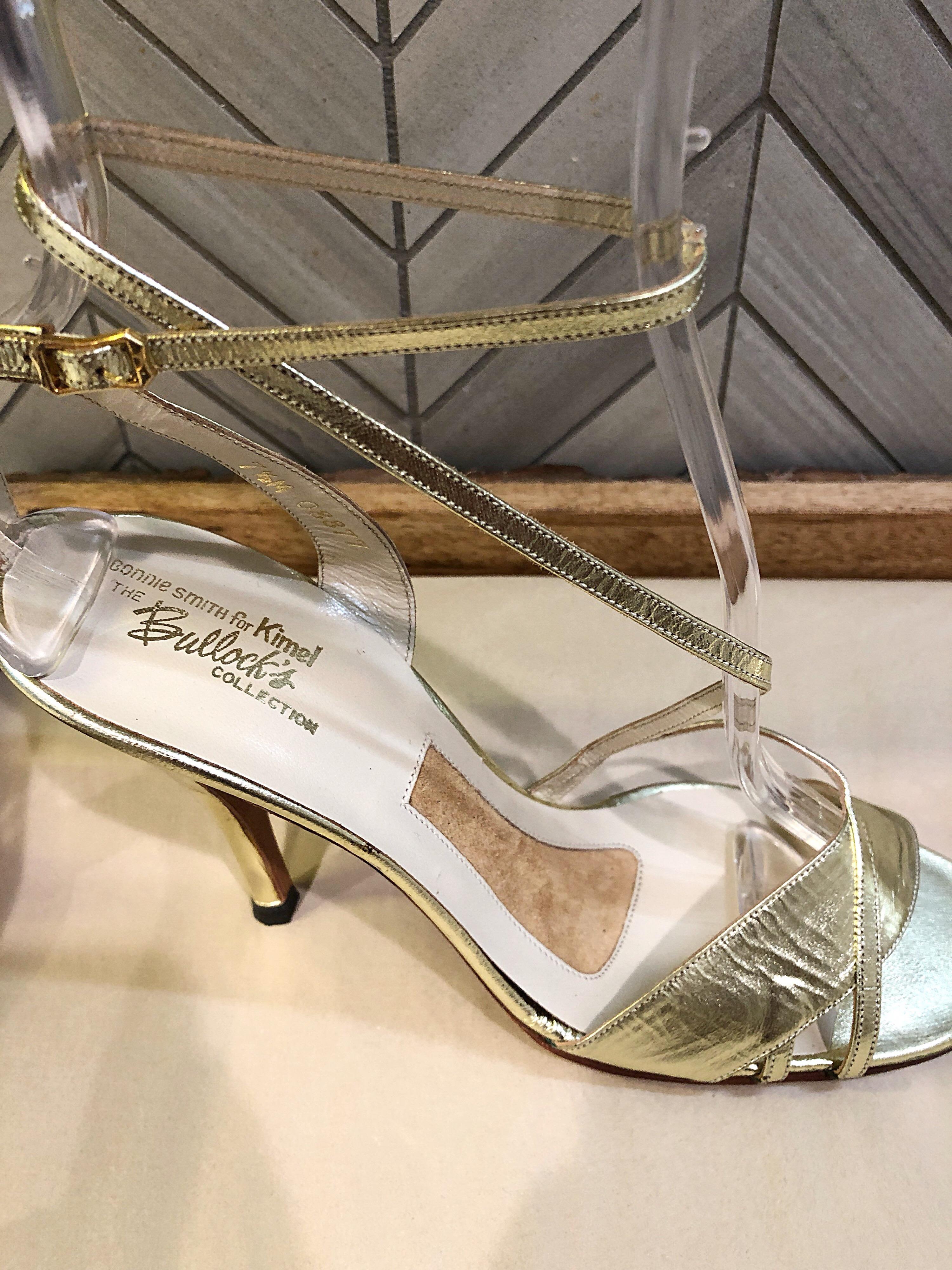 New 1970s Connie Smith Bullocks Wilshire Size 7.5 Gold Metallic Strappy Heels For Sale 3