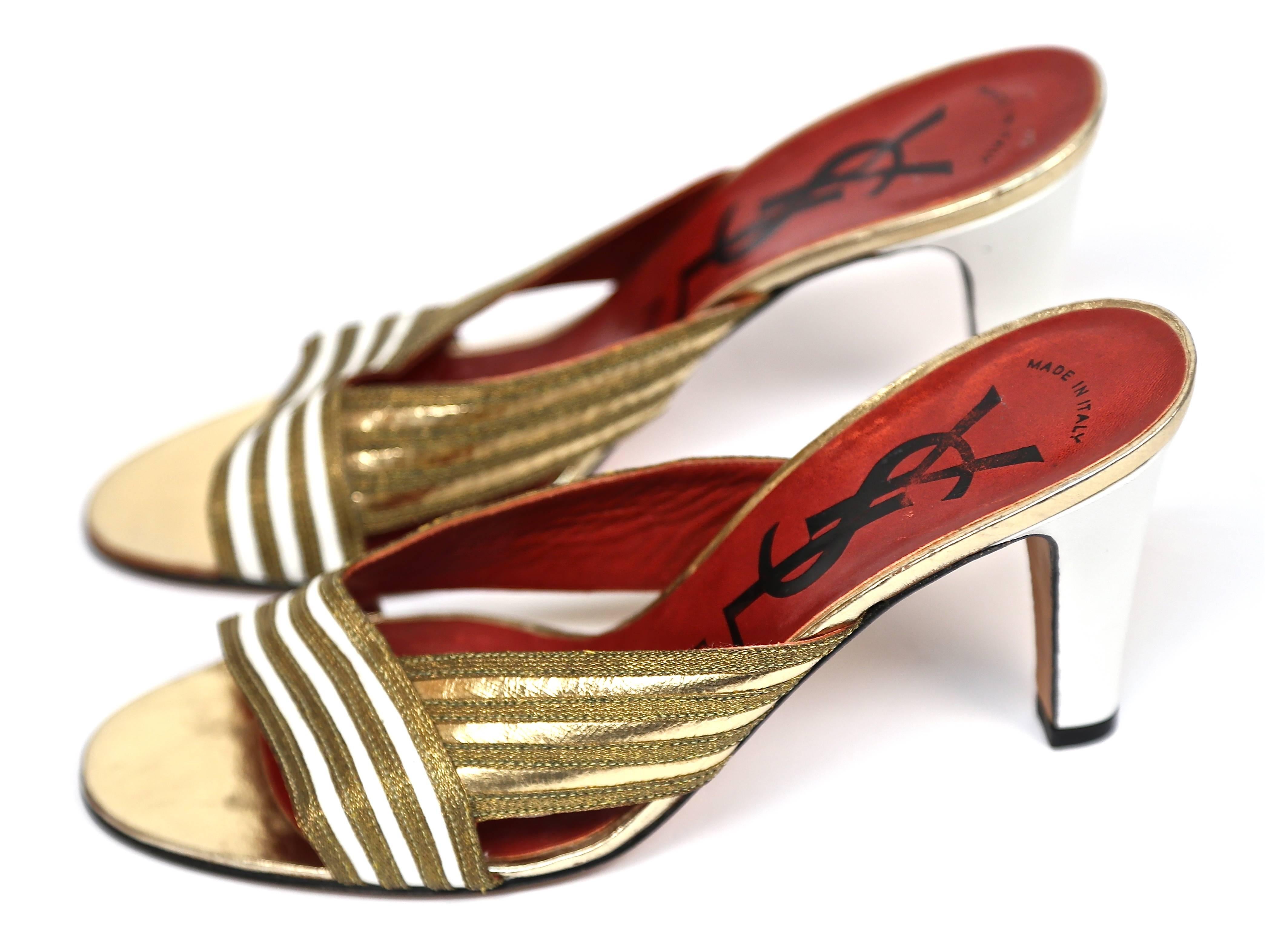 Brown new 1970's YVES SAINT LAURENT gold leather heels - size 6.5 For Sale