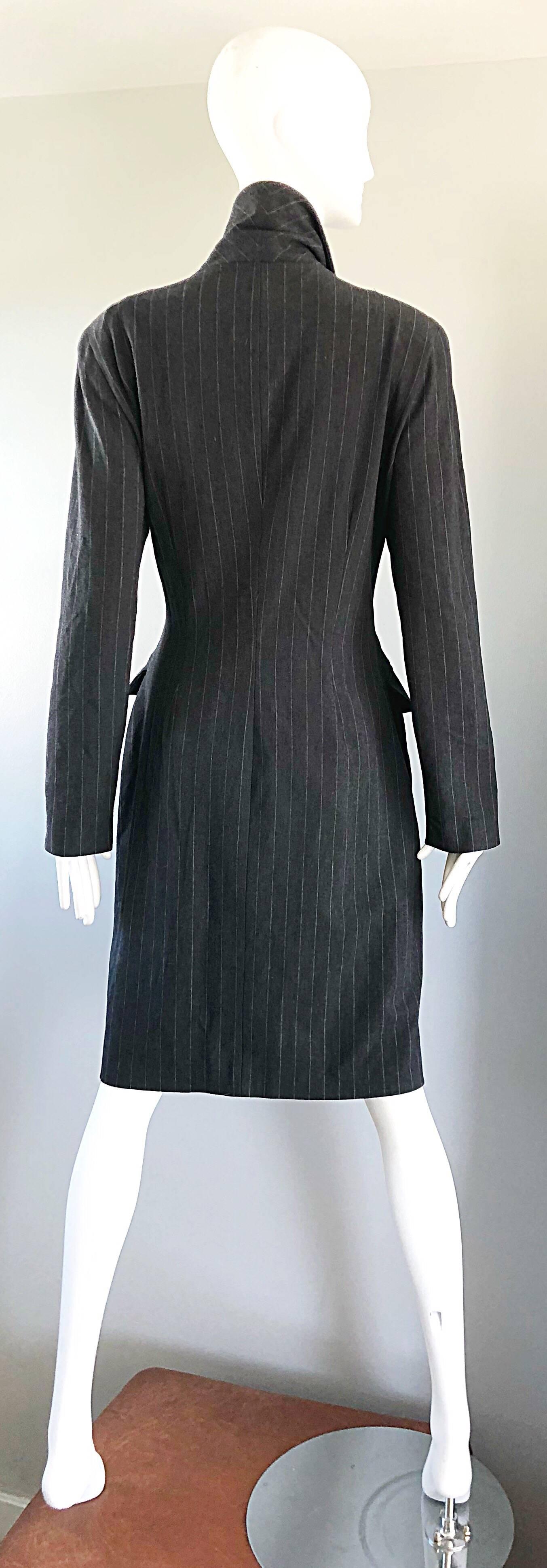 New 1990s Charles Chang Lima Size 10 Double Breasted Gray Pinstripe Wool Dress For Sale 3