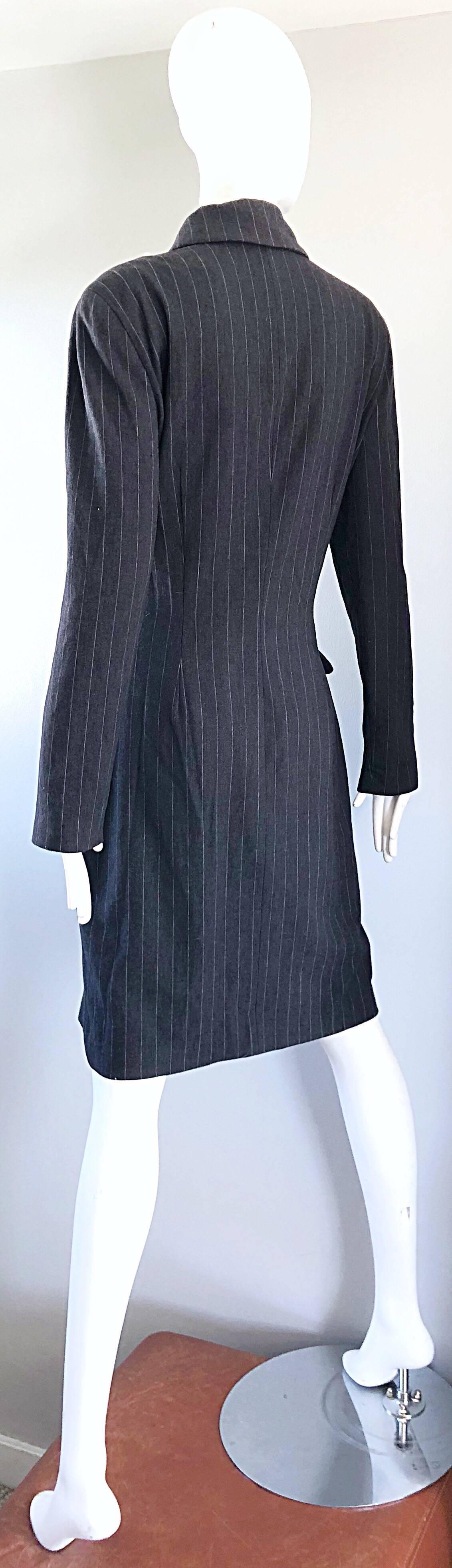 New 1990s Charles Chang Lima Size 10 Double Breasted Gray Pinstripe Wool Dress For Sale 4