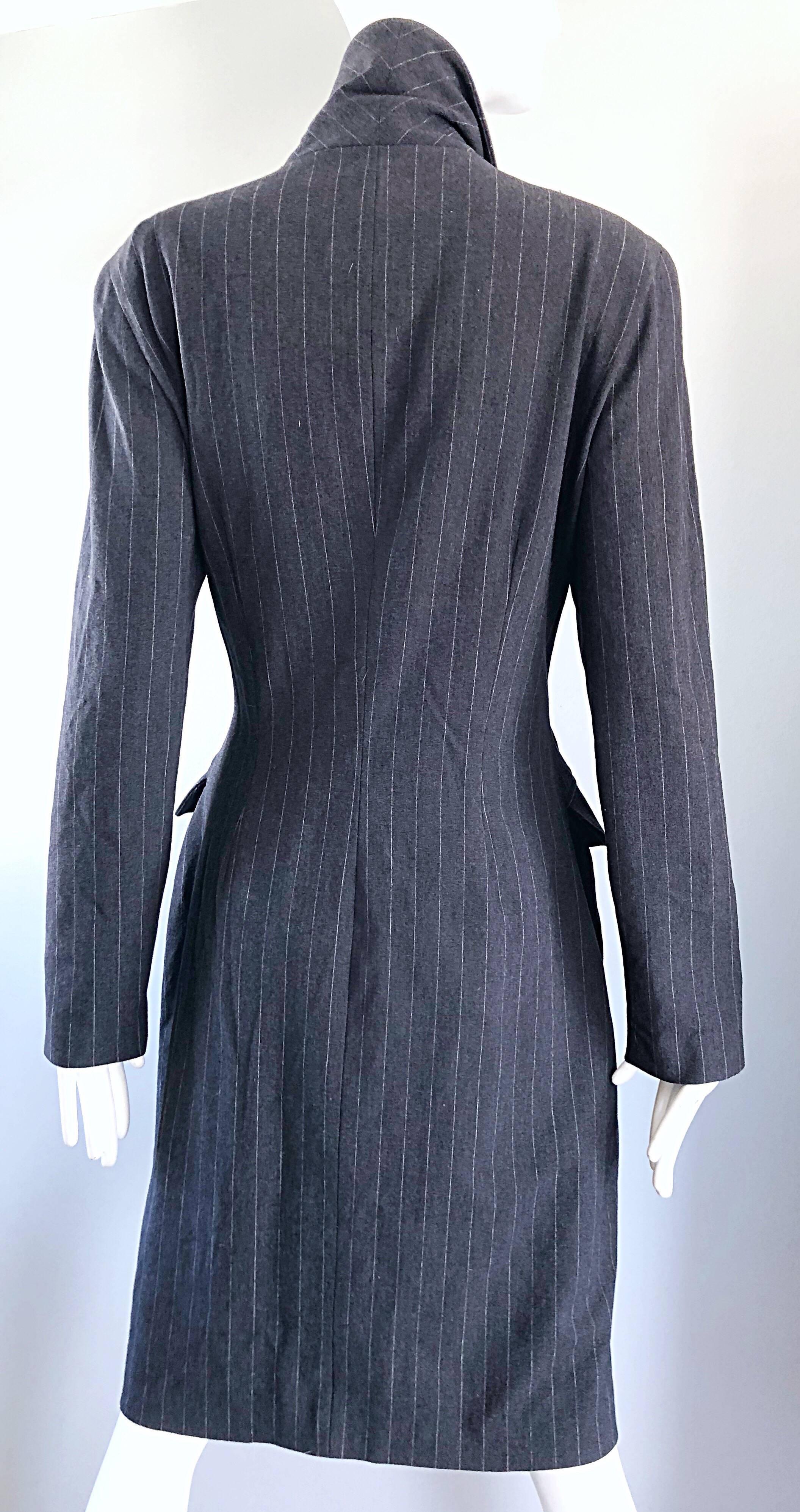 New 1990s Charles Chang Lima Size 10 Double Breasted Gray Pinstripe Wool Dress For Sale 5