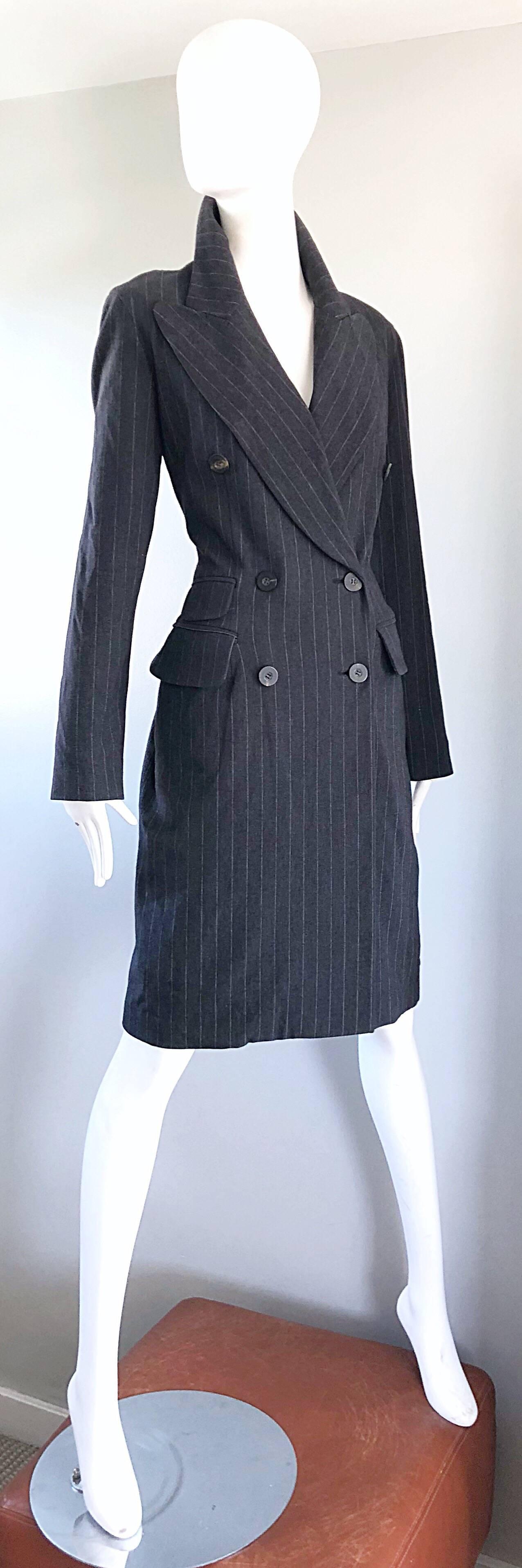 New 1990s Charles Chang Lima Size 10 Double Breasted Gray Pinstripe Wool Dress For Sale 6