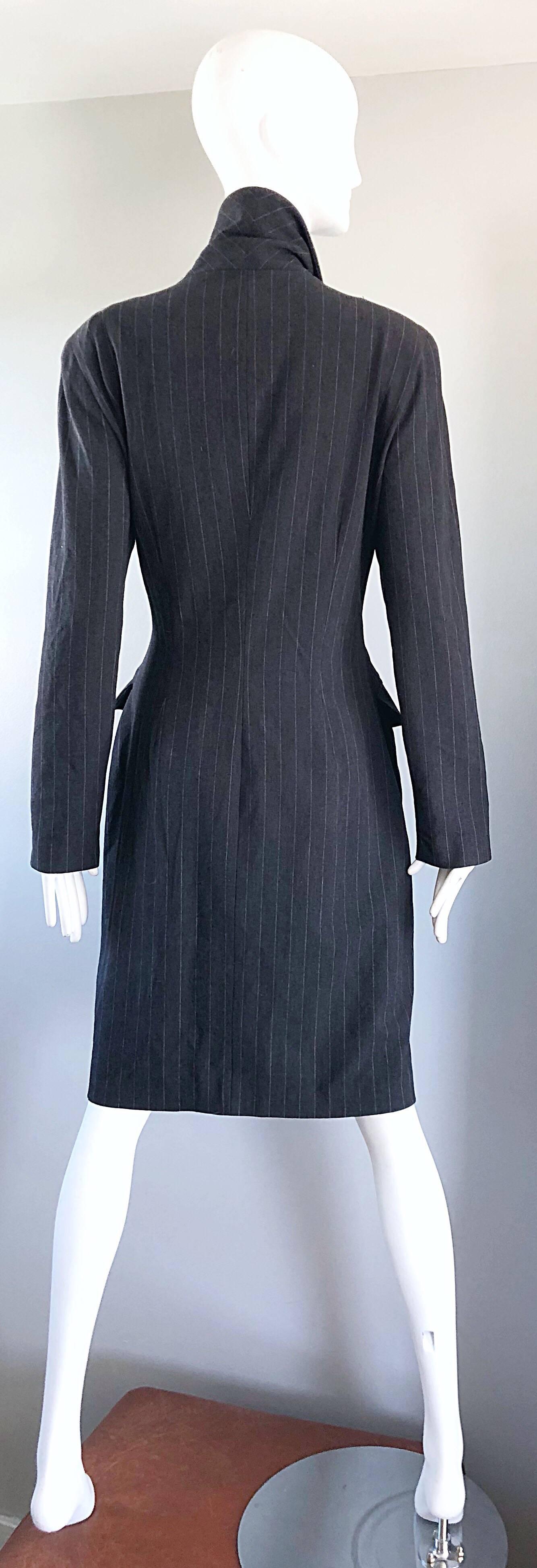 New 1990s Charles Chang Lima Size 10 Double Breasted Gray Pinstripe Wool Dress For Sale 7