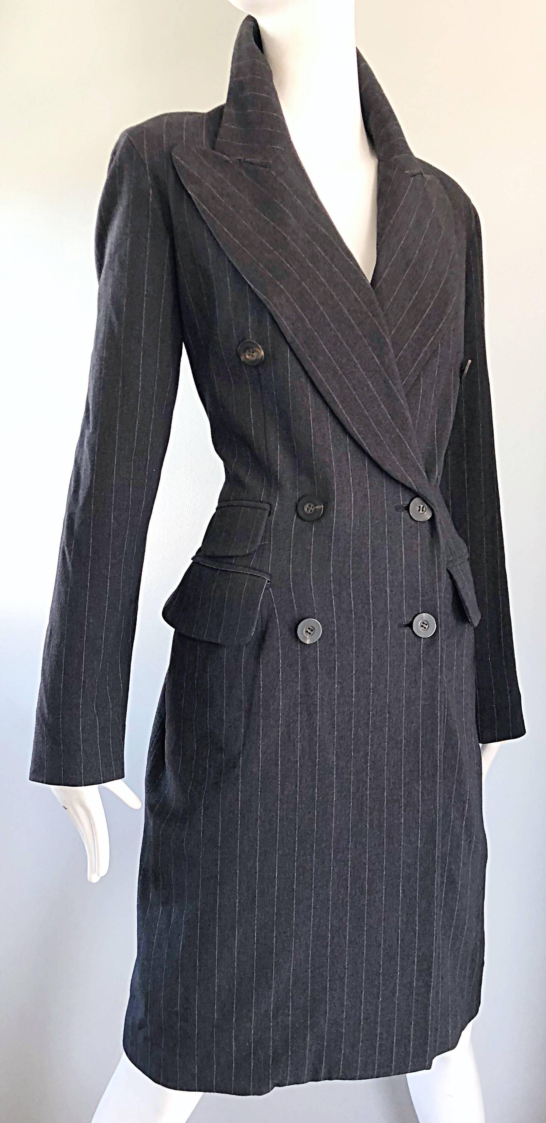 New 1990s Charles Chang Lima Size 10 Double Breasted Gray Pinstripe Wool Dress For Sale 8