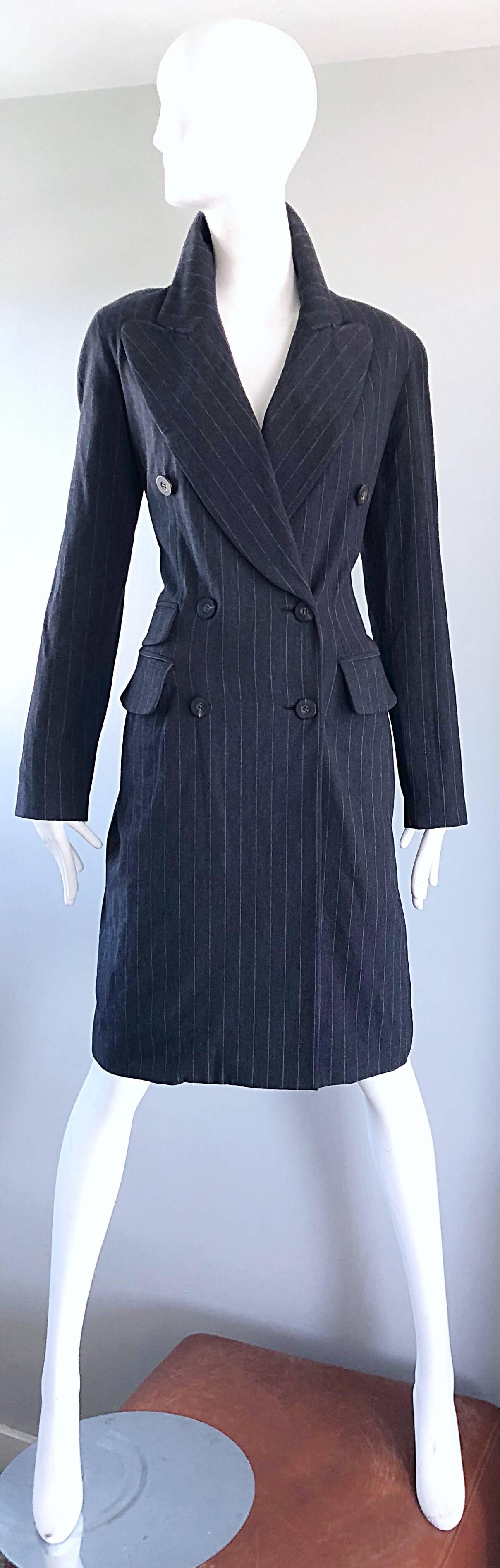 New 1990s Charles Chang Lima Size 10 Double Breasted Gray Pinstripe Wool Dress For Sale 9