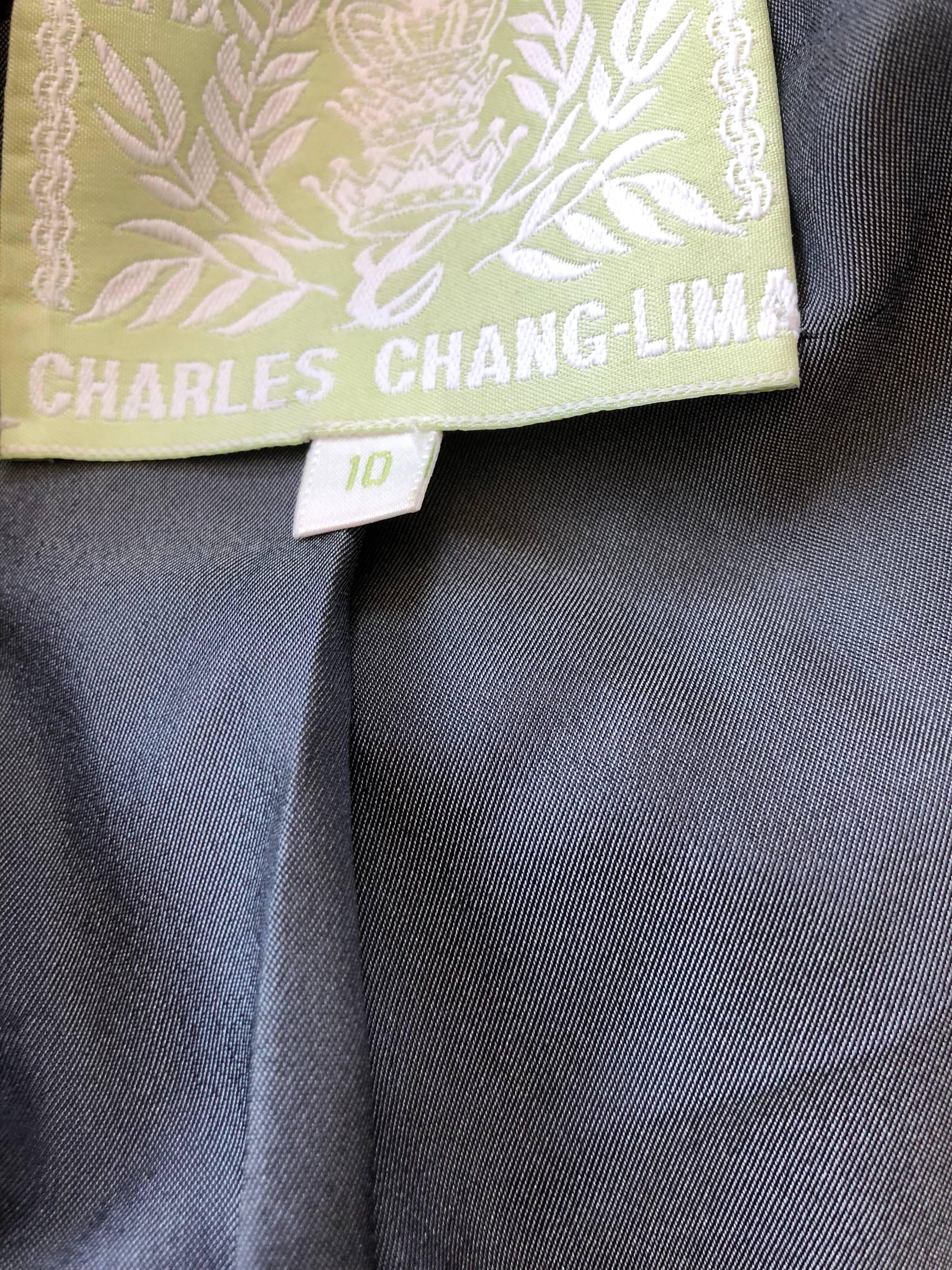 Neu 1990er Charles Chang Lima Größe 10 Zweireihiges graues Nadelstreifen-Wollkleid im Angebot 12