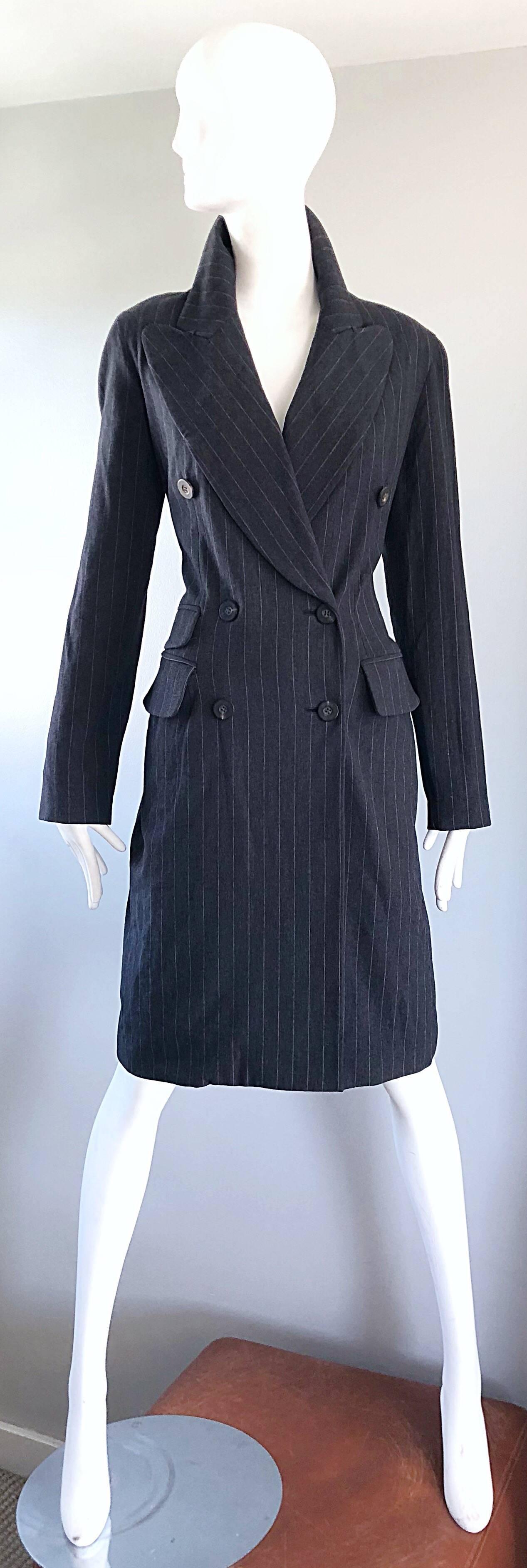 Brand new with original store tags deadstock vintage mid 90s CHARLES CHANG - LIMA grey virgin wool double breasted coat dress! Features a charcoal grey soft wool with white vertical pinstripes throughout. Large exaggerated round collar lapels.