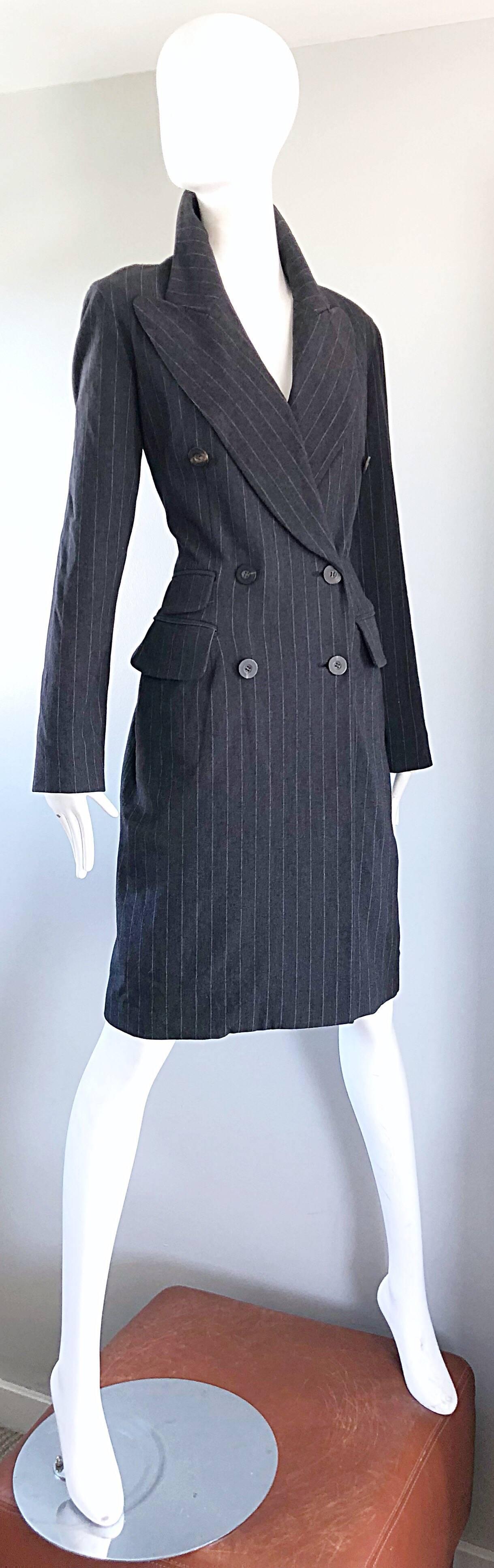 New 1990s Charles Chang Lima Size 10 Double Breasted Gray Pinstripe Wool Dress In New Condition For Sale In San Diego, CA