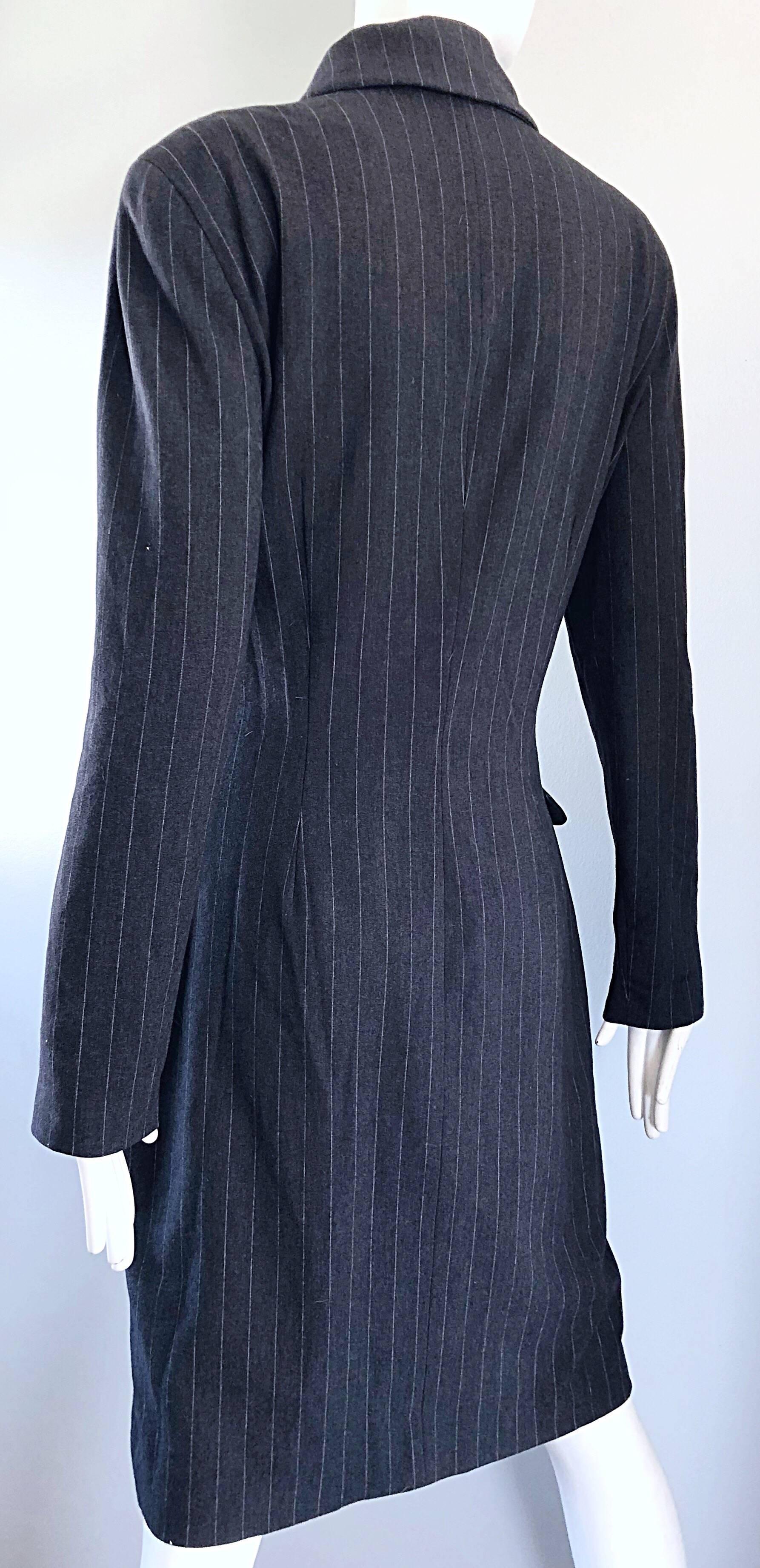 Women's New 1990s Charles Chang Lima Size 10 Double Breasted Gray Pinstripe Wool Dress For Sale