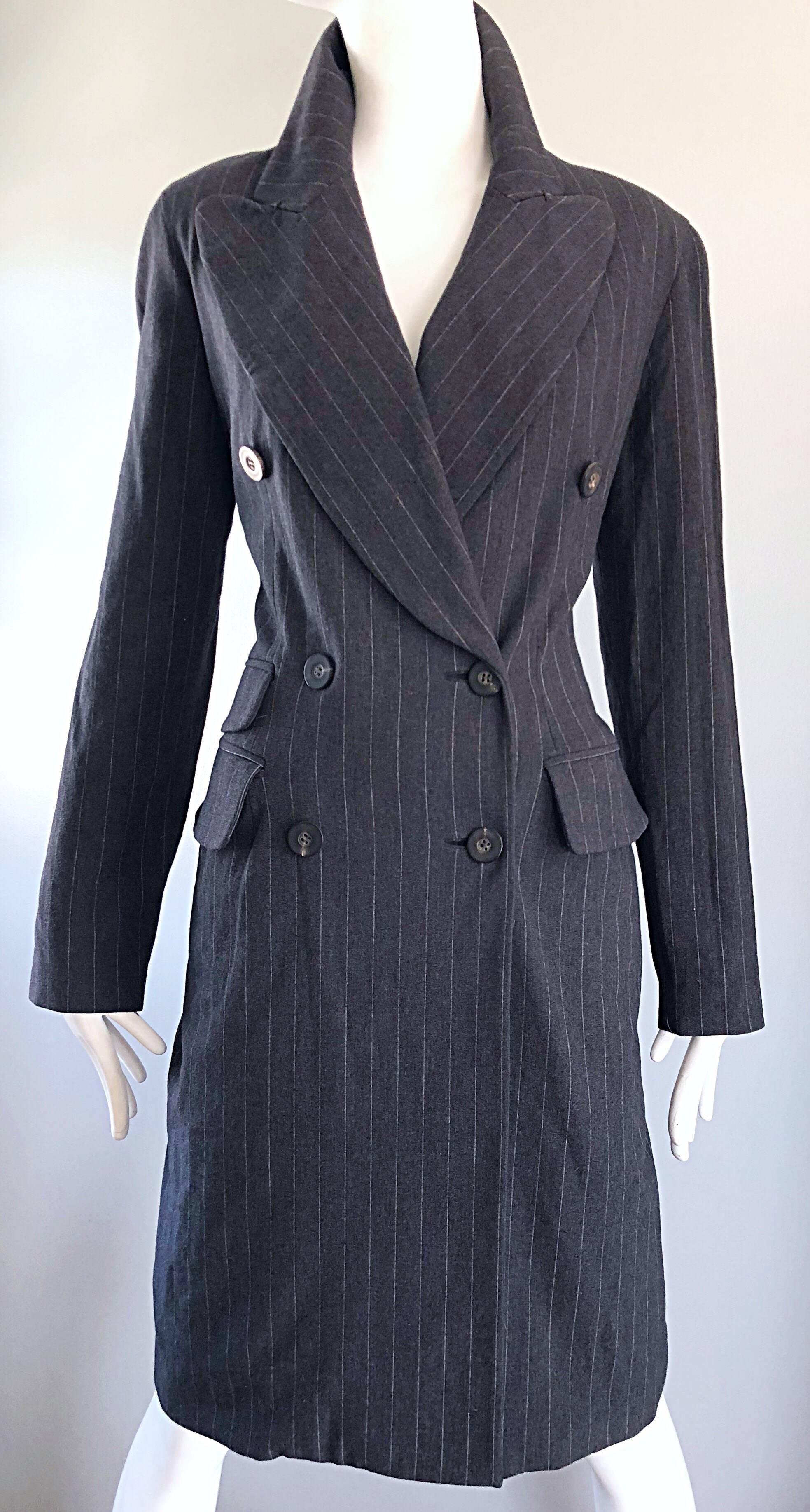 New 1990s Charles Chang Lima Size 10 Double Breasted Gray Pinstripe Wool Dress For Sale 1