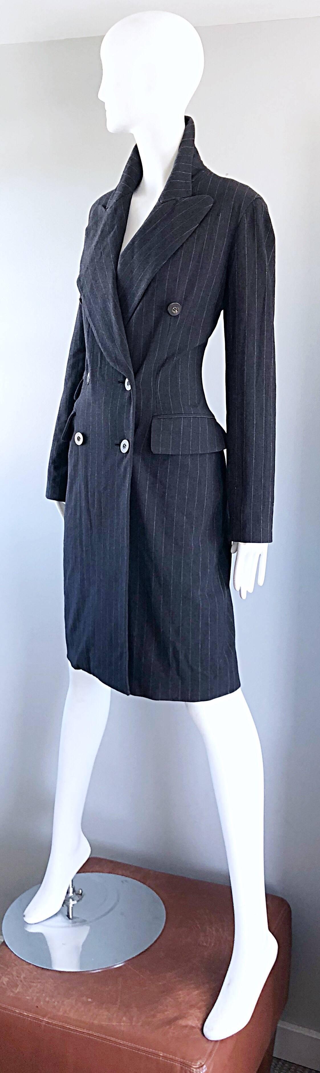 New 1990s Charles Chang Lima Size 10 Double Breasted Gray Pinstripe Wool Dress For Sale 2