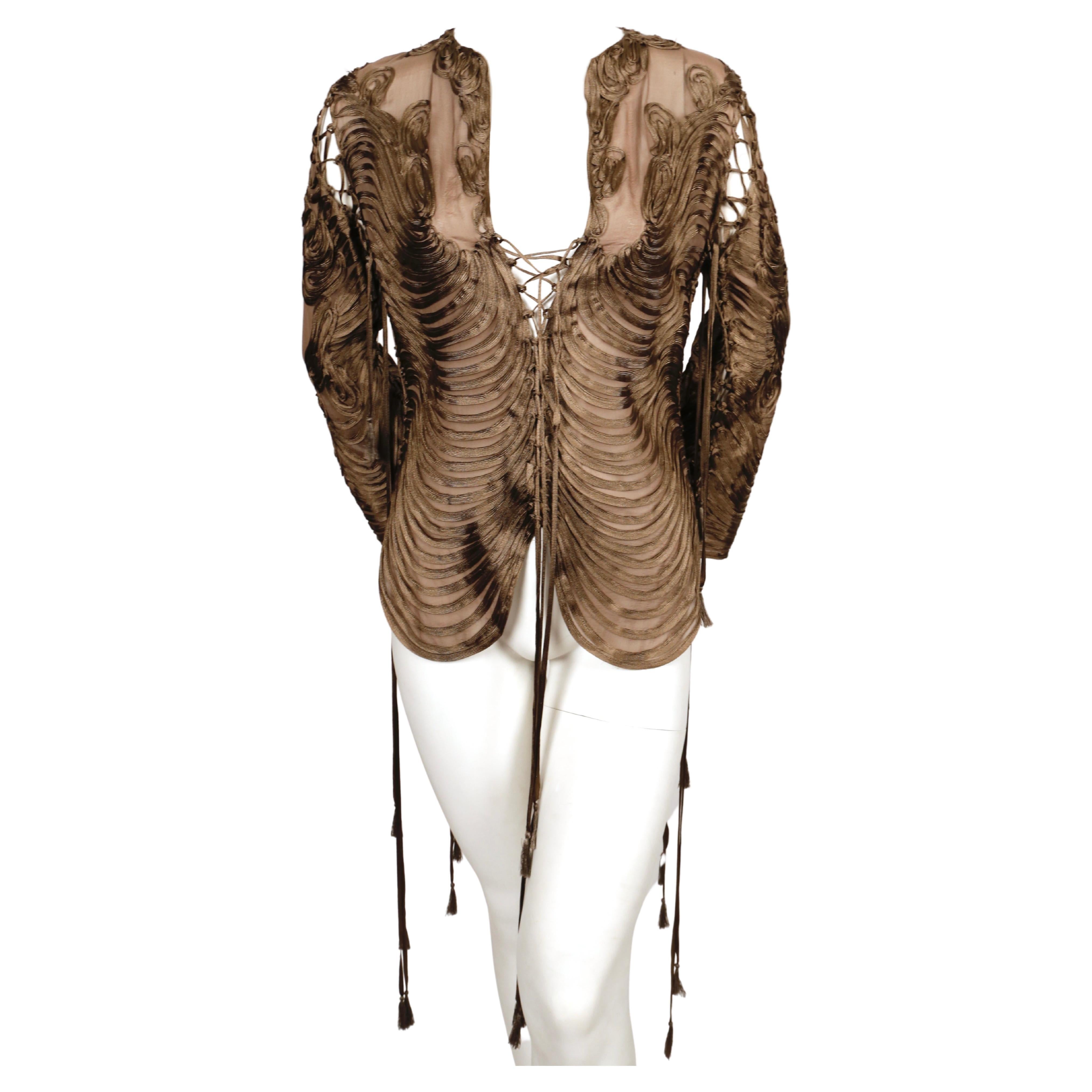 Taupe, intricate ribbon-embroidered,                                                            chiffon top by Jean Paul Gaultier dating to the late 1990's, early 2000's. Top is labeled a French size 38. Approximate measurements are as follows: bust
