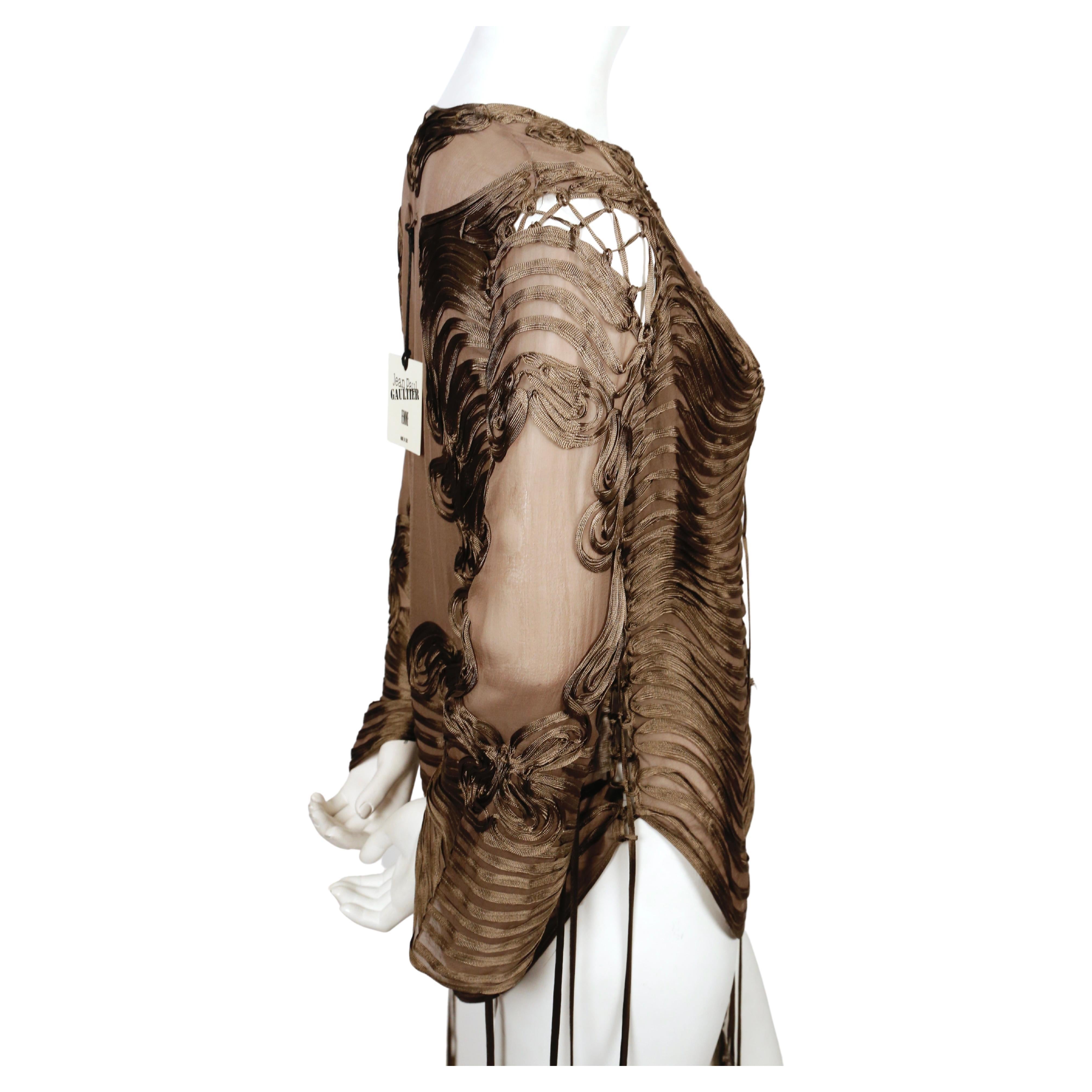 Brown new 1990's JEAN PAUL GAULTIER taupe ribbon embroidered silk chiffon top