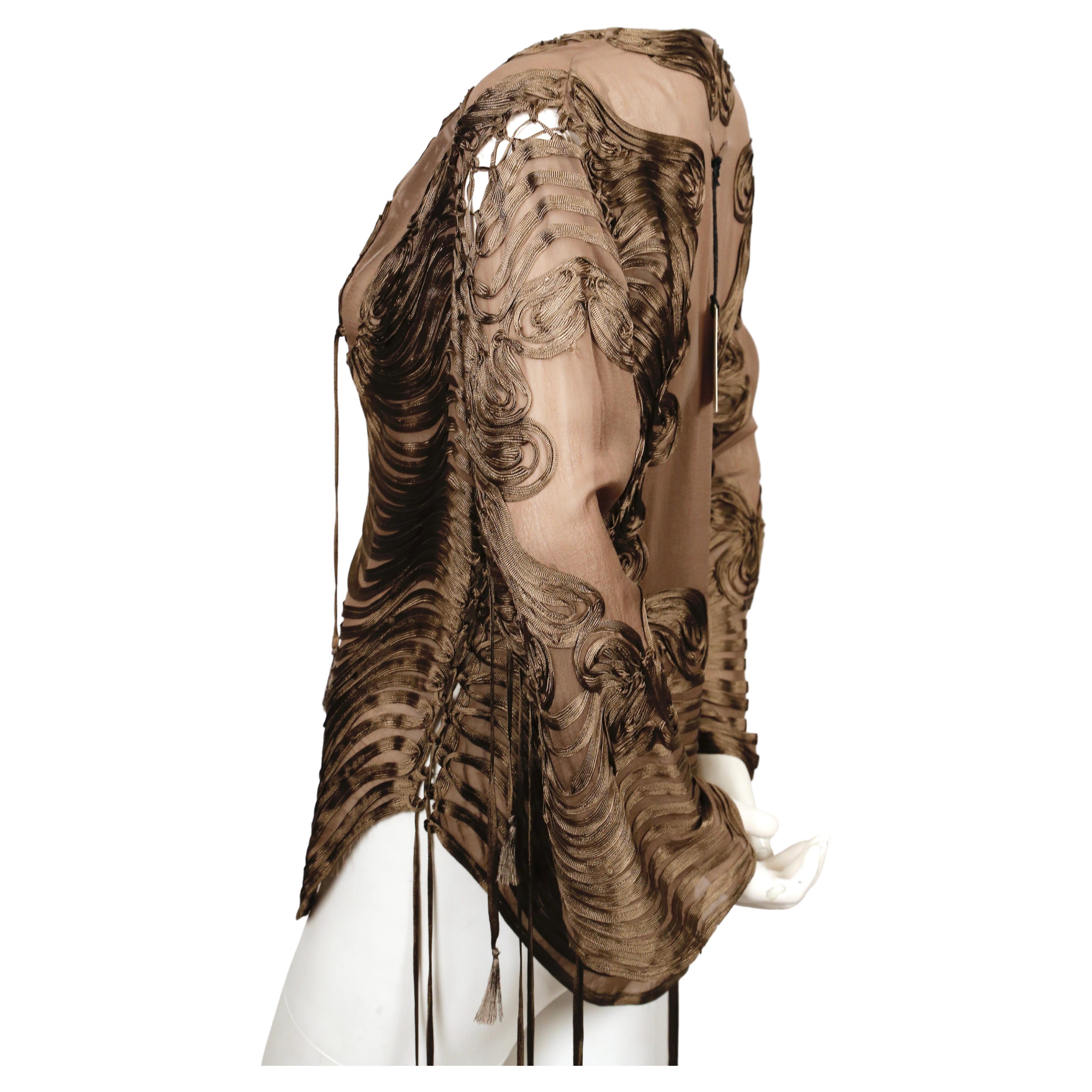 new 1990's JEAN PAUL GAULTIER taupe ribbon embroidered silk chiffon top In New Condition In San Fransisco, CA