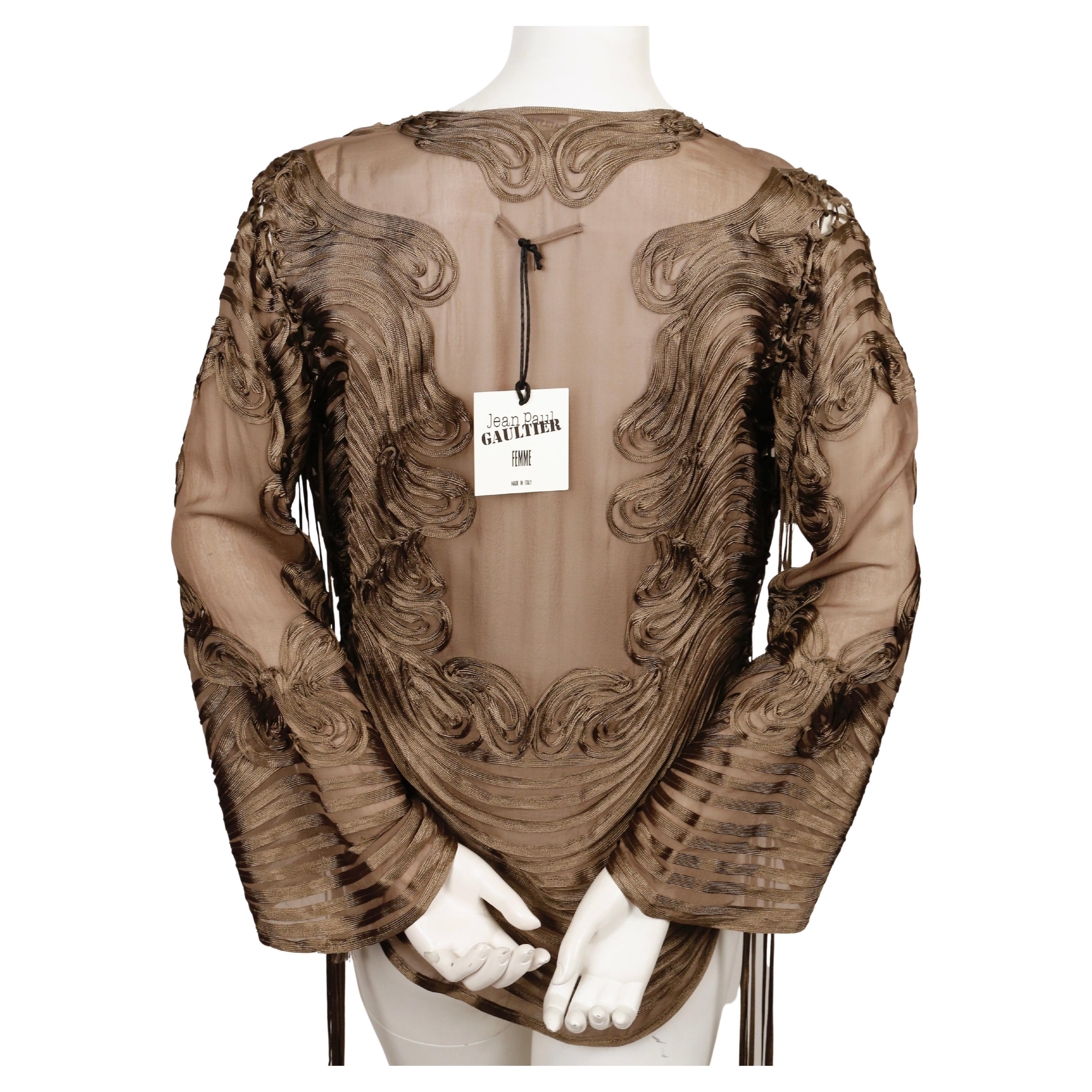 Women's new 1990's JEAN PAUL GAULTIER taupe ribbon embroidered silk chiffon top
