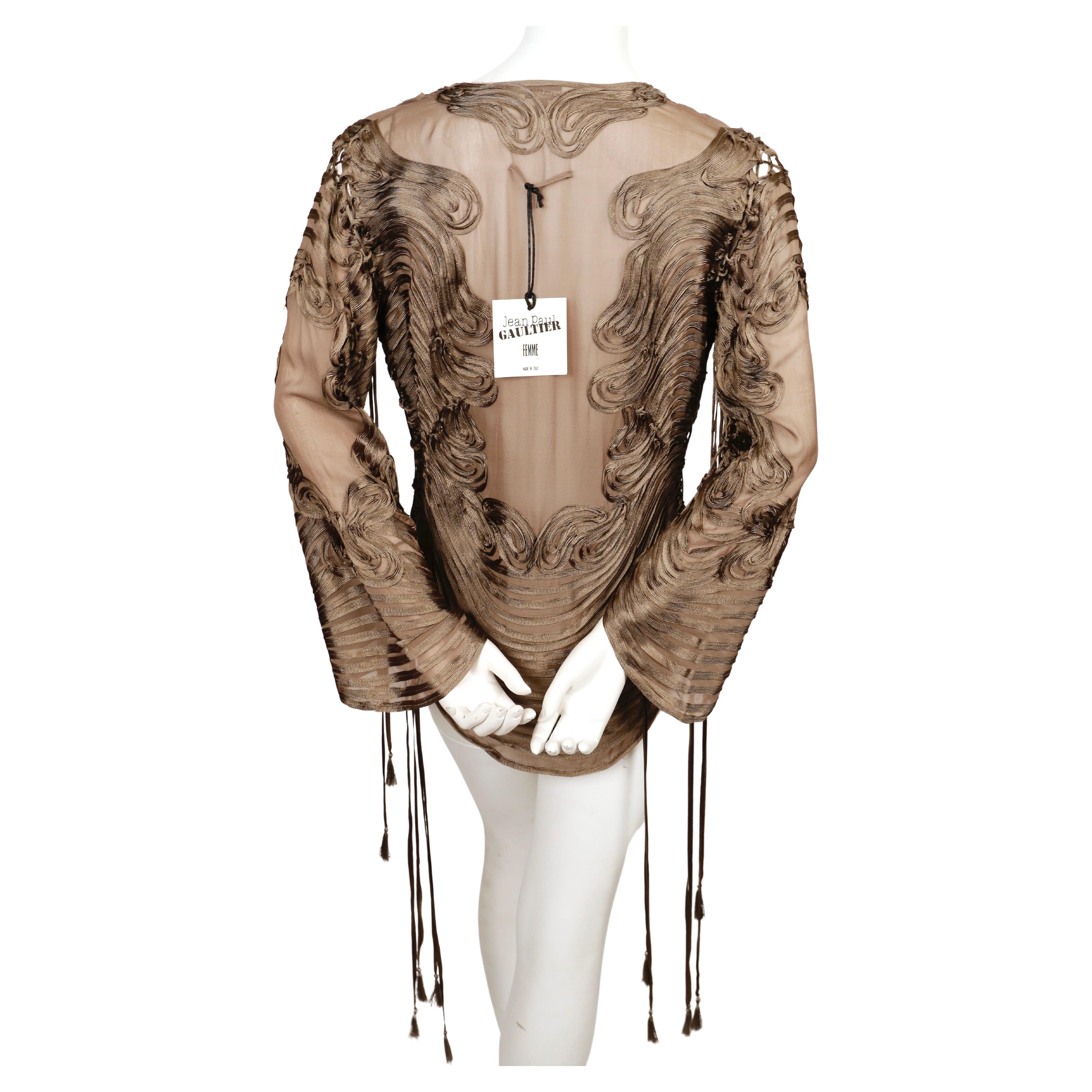 new 1990's JEAN PAUL GAULTIER taupe ribbon embroidered silk chiffon top 1