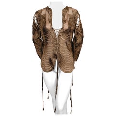 new 1990's JEAN PAUL GAULTIER taupe ribbon embroidered silk chiffon top