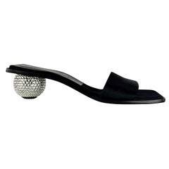 NEW 1990s Yves Saint Laurent Black Satin Sandal Rhinestone Ball Kitten Heel