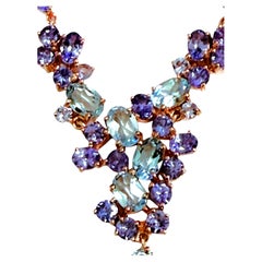 New 2+ Carat Tanzanite & 2+ Carat Blue Topaz 14k Rose Gold PL Sterling Necklace