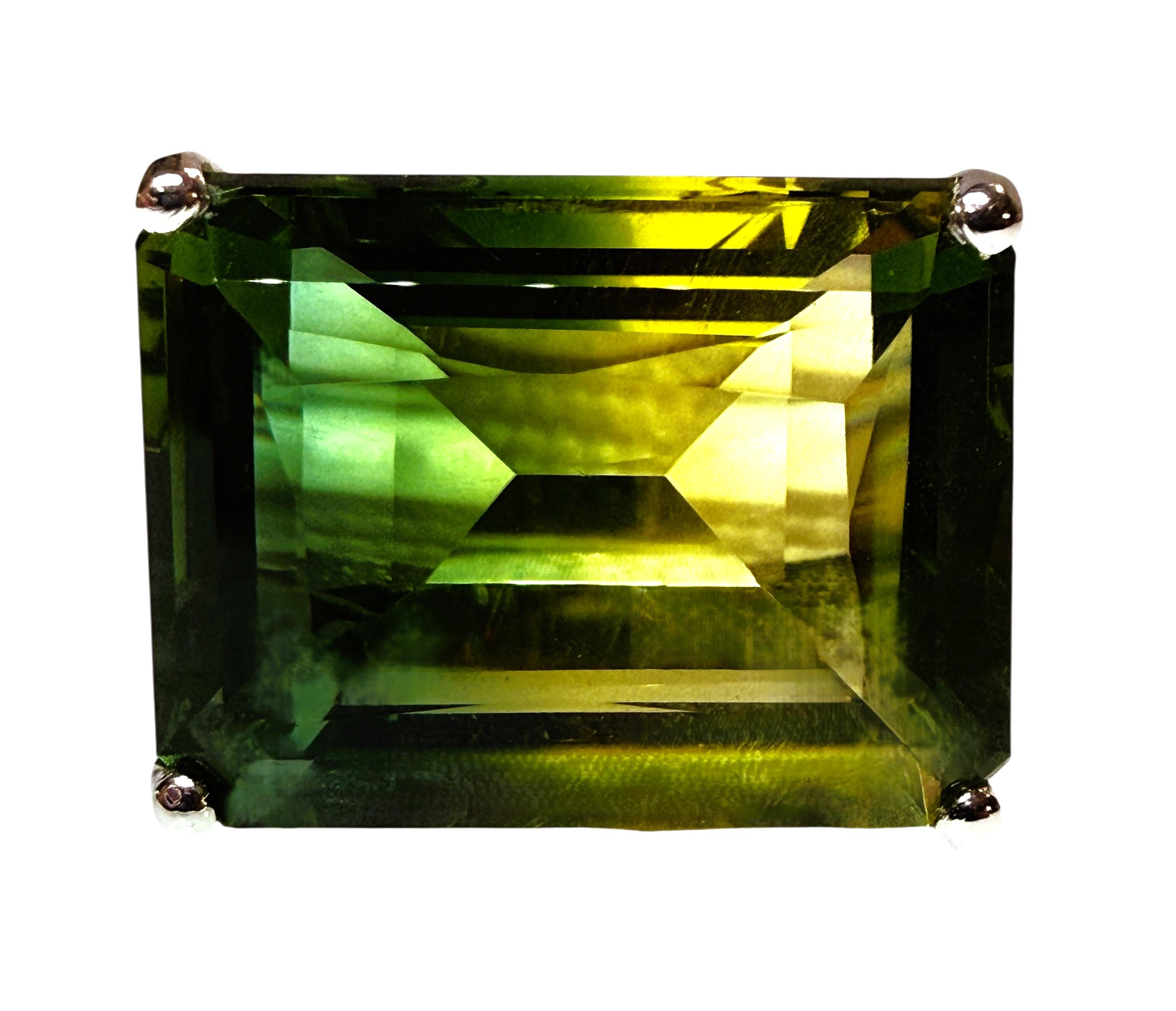 L'anello è una misura 6 e ha una bellissima montatura in filigrana.   La pietra proviene dal Brasile ed è di 20 carati.  È una pietra di altissima qualità.  La pietra è un taglio smeraldo e misura 19,7 x 15 mm.  Si trova in cima a un'incastonatura