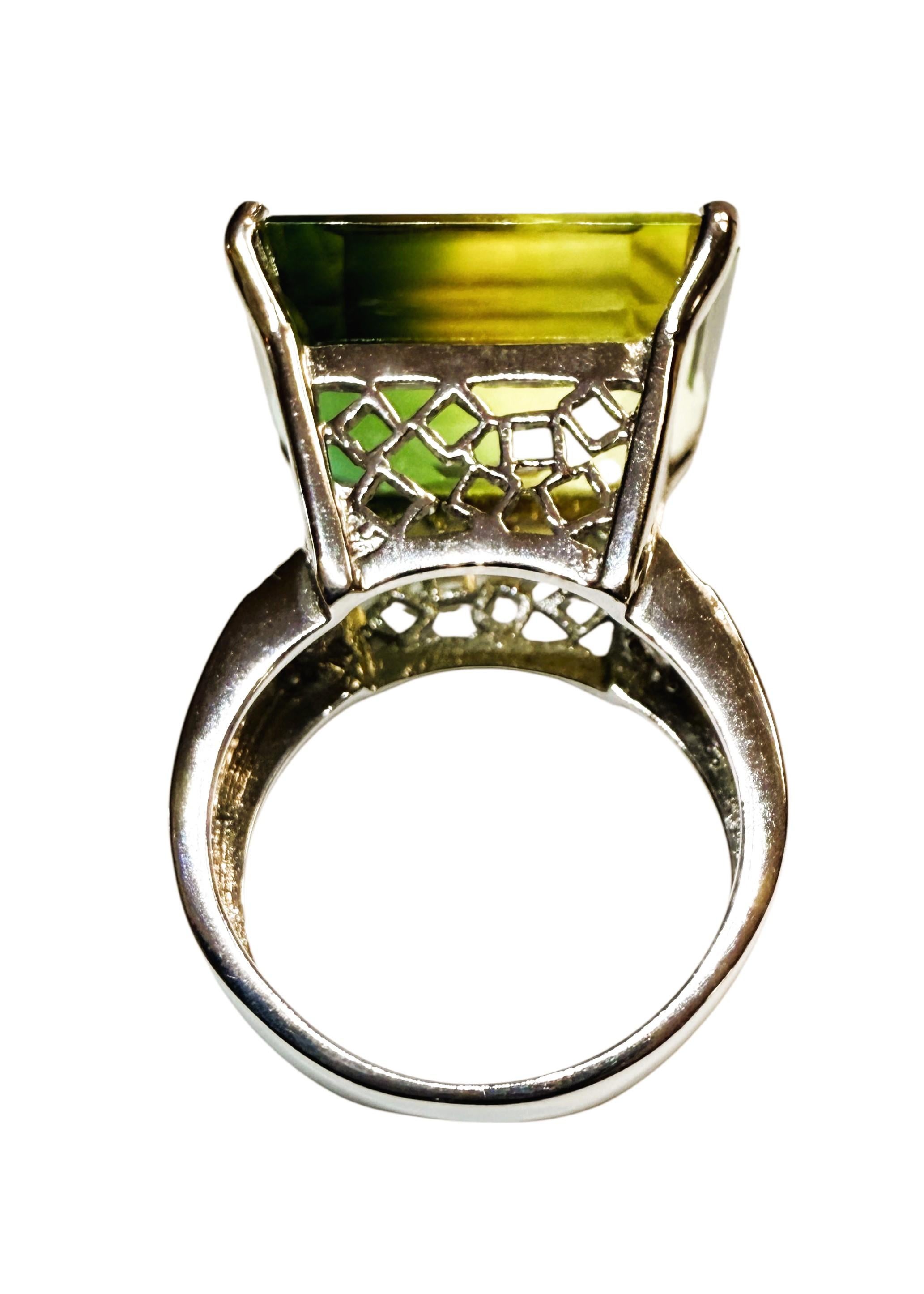 Taglio smeraldo New 20 Carat Yellow Green Ametrine & Diamond Cut Sapphire Sterling Ring in vendita