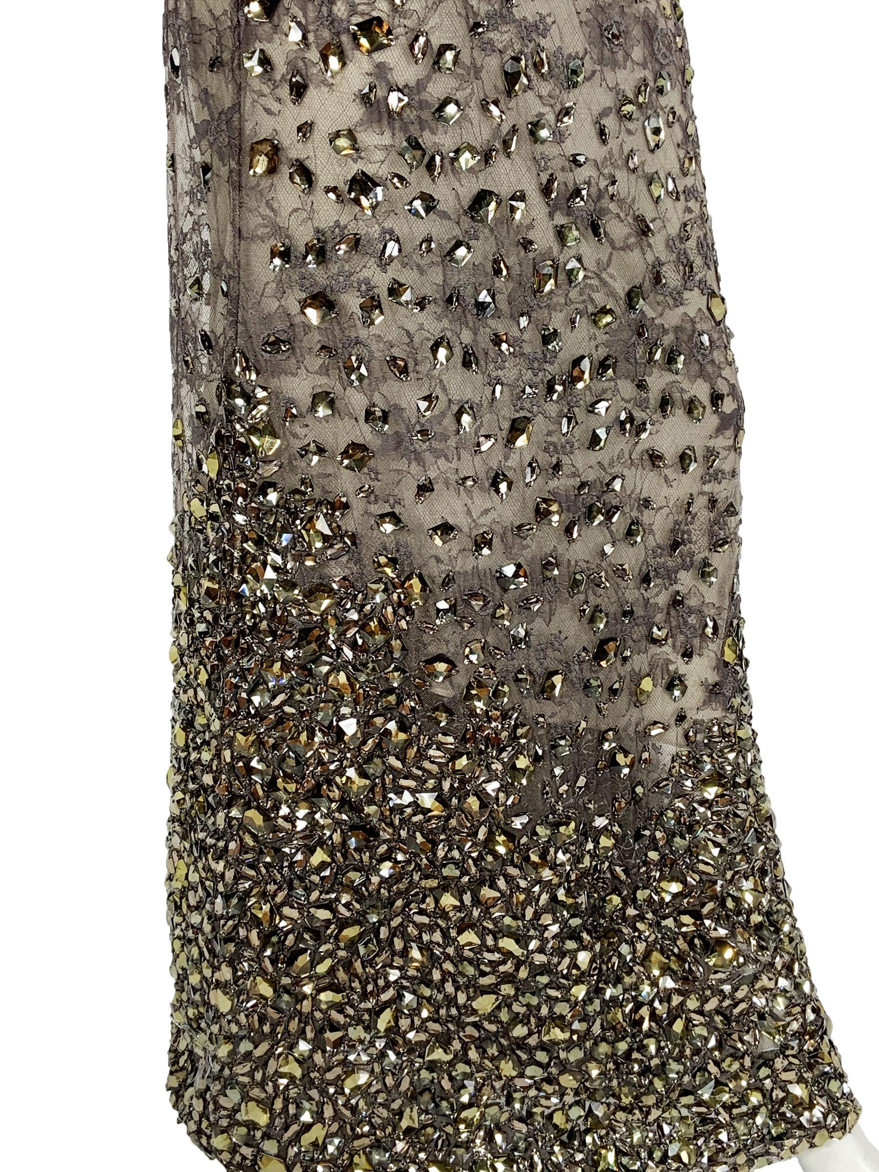 New $20.000 Tom Ford *Broken Mirror* Lace Smokey Gray Crystal Beaded Dress It 42 For Sale 4