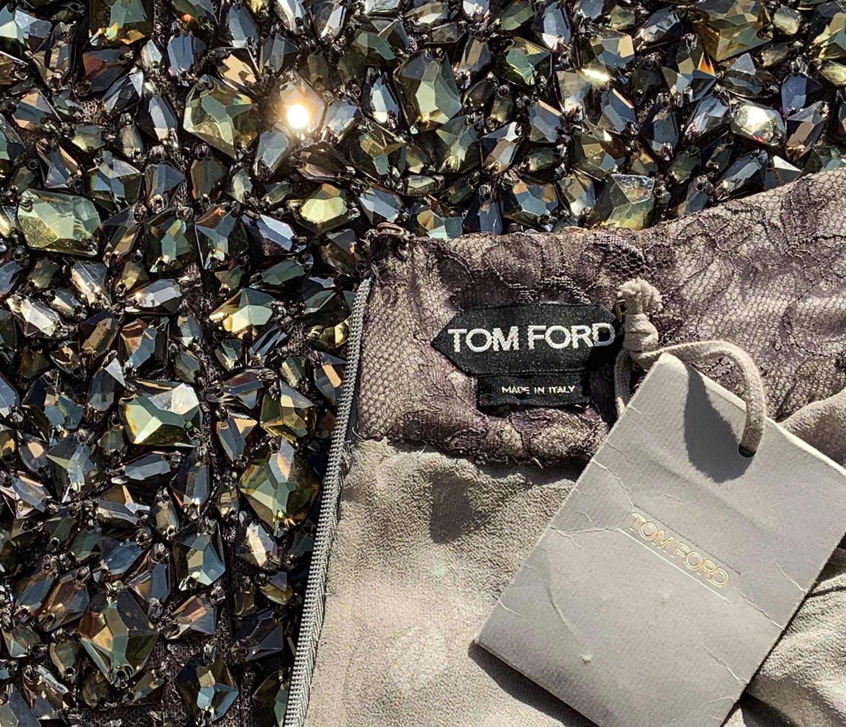 New $20.000 Tom Ford *Broken Mirror* Lace Smokey Gray Crystal Beaded Dress It 42 For Sale 5