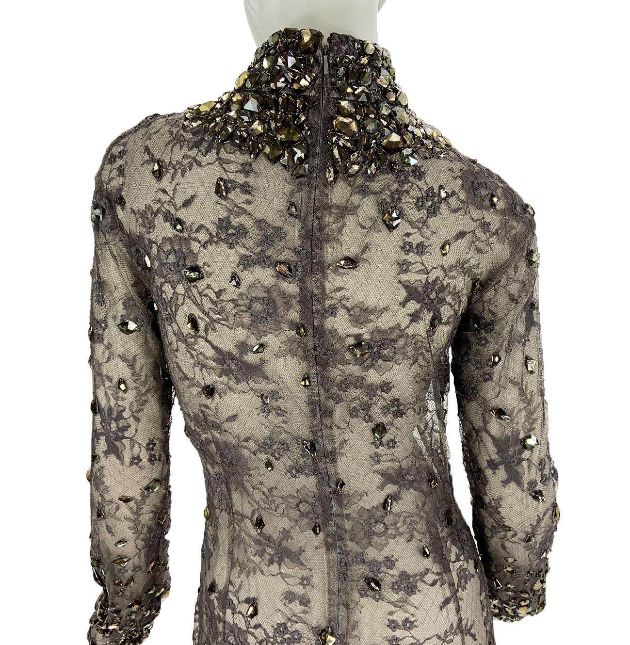 Women's New $20.000 Tom Ford *Broken Mirror* Lace Smokey Gray Crystal Beaded Dress It 42 For Sale