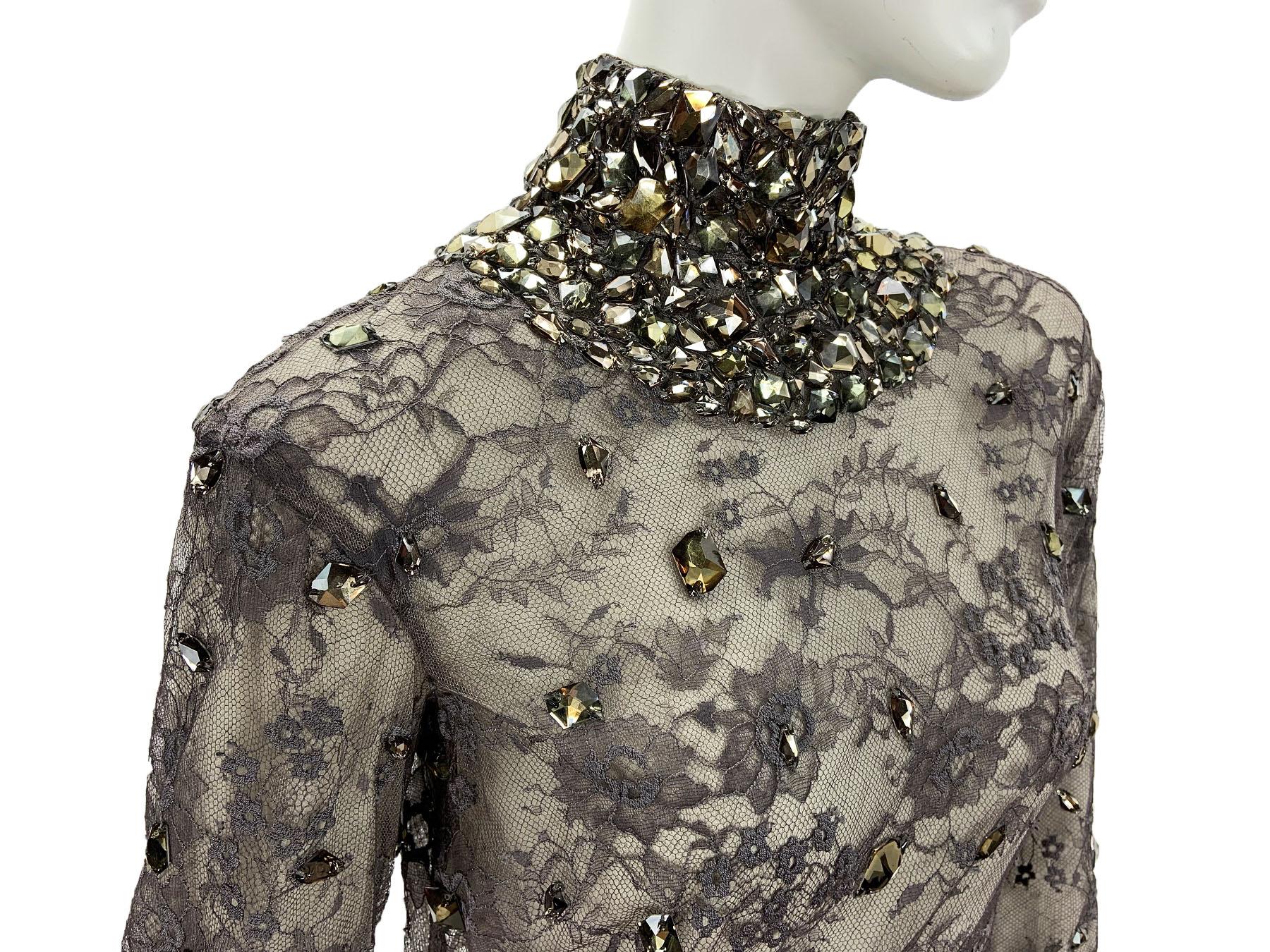 New $20.000 Tom Ford *Broken Mirror* Lace Smokey Gray Crystal Beaded Dress It 42 For Sale 1