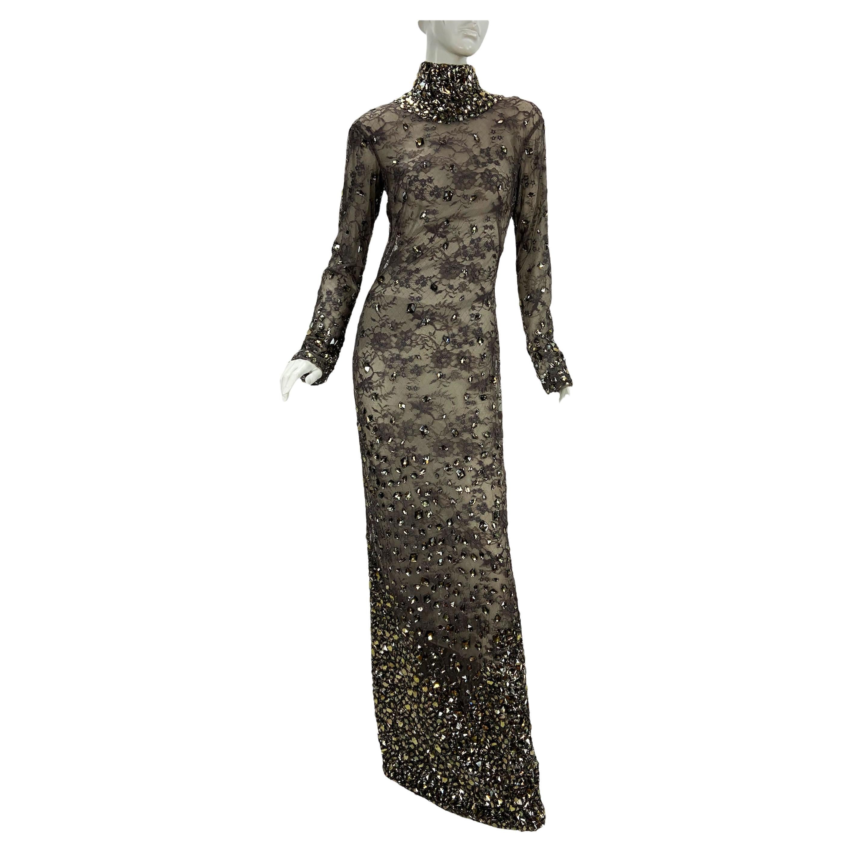 New $20.000 Tom Ford *Broken Mirror* Lace Smokey Gray Crystal Beaded Dress It 42 For Sale